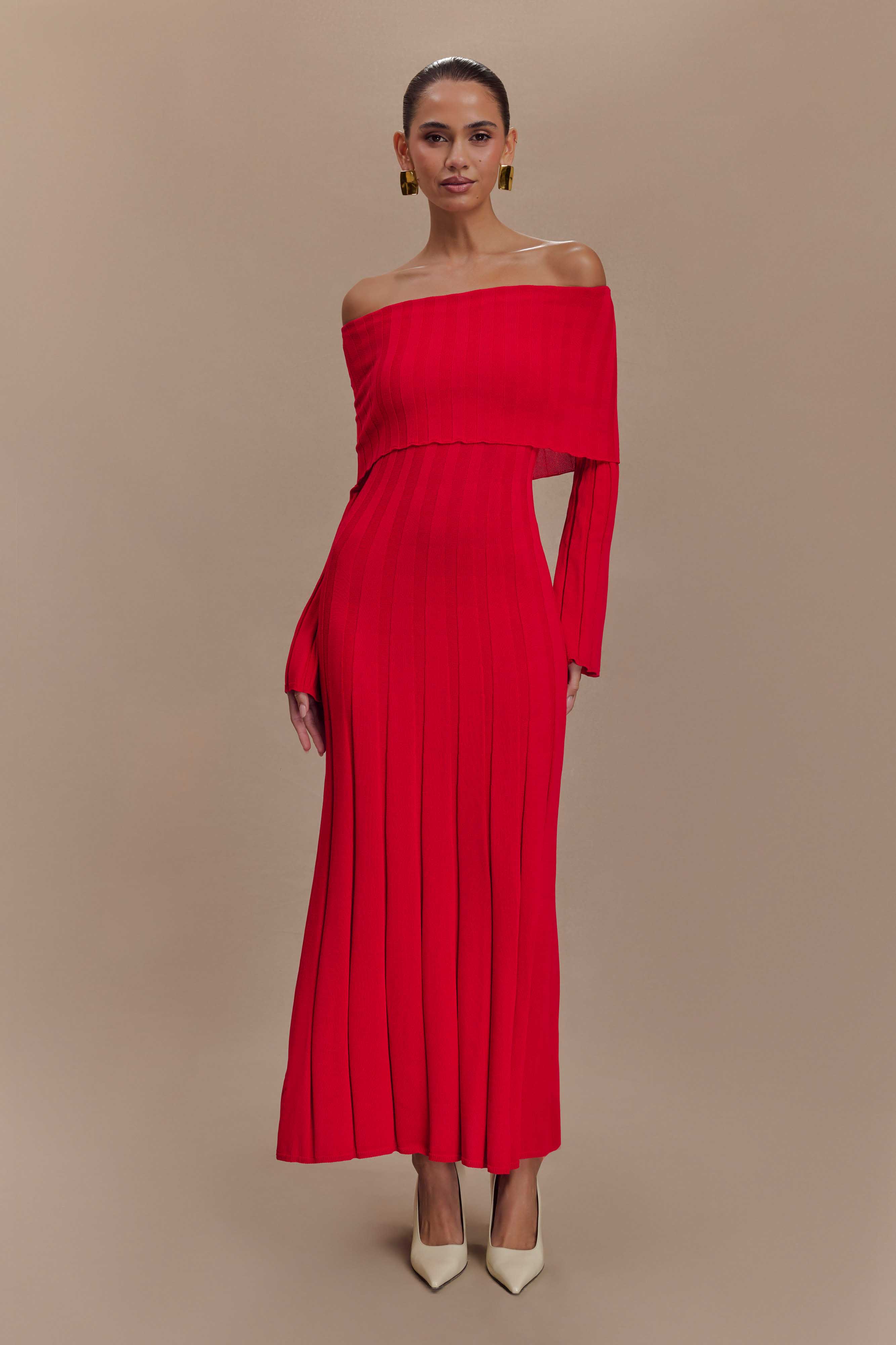 Off-the-Shoulder Knit Midi Dress with Long Sleeves | Alonza