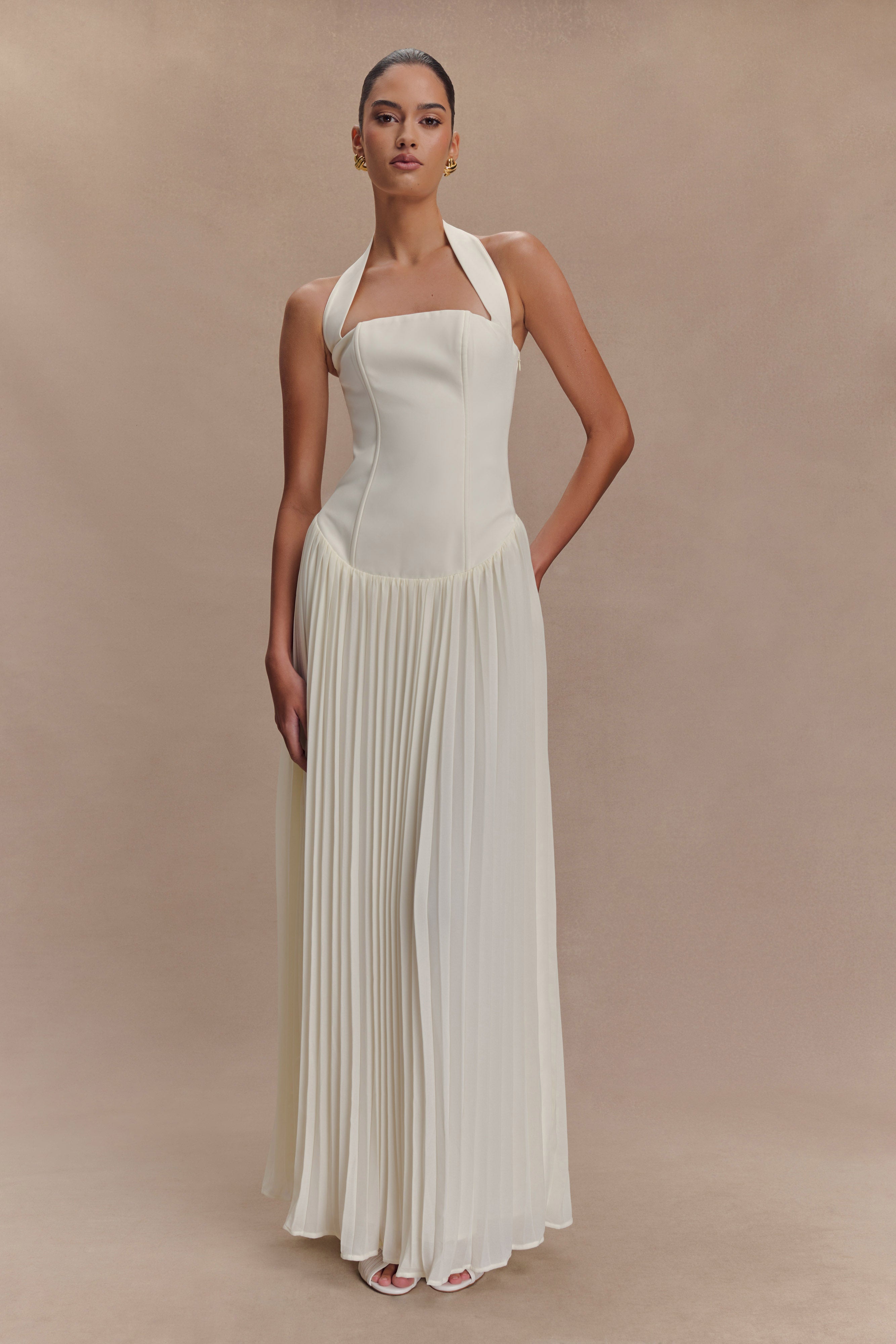 Pleated Halter Maxi Dress for Weddings & Special Occasions | Stacie Ivory