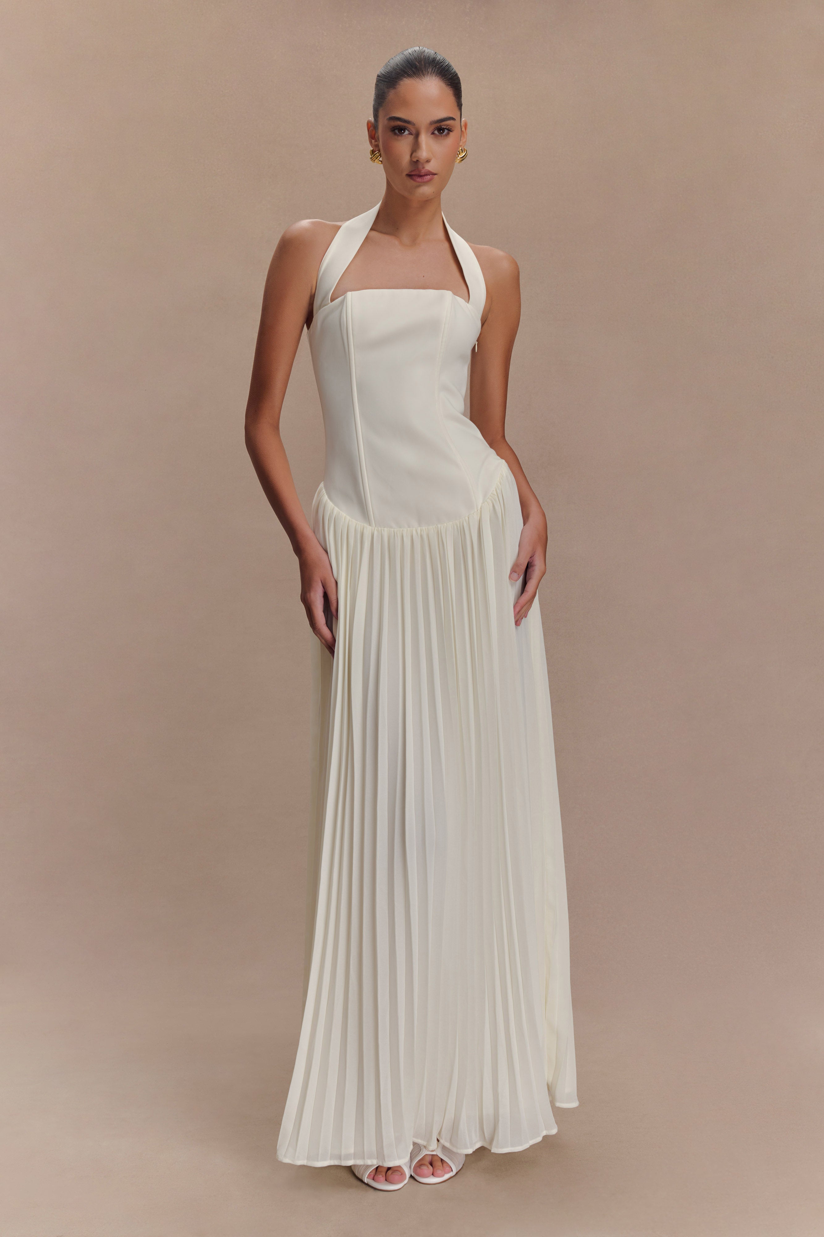 Pleated Halter Maxi Dress for Weddings & Special Occasions | Stacie Ivory