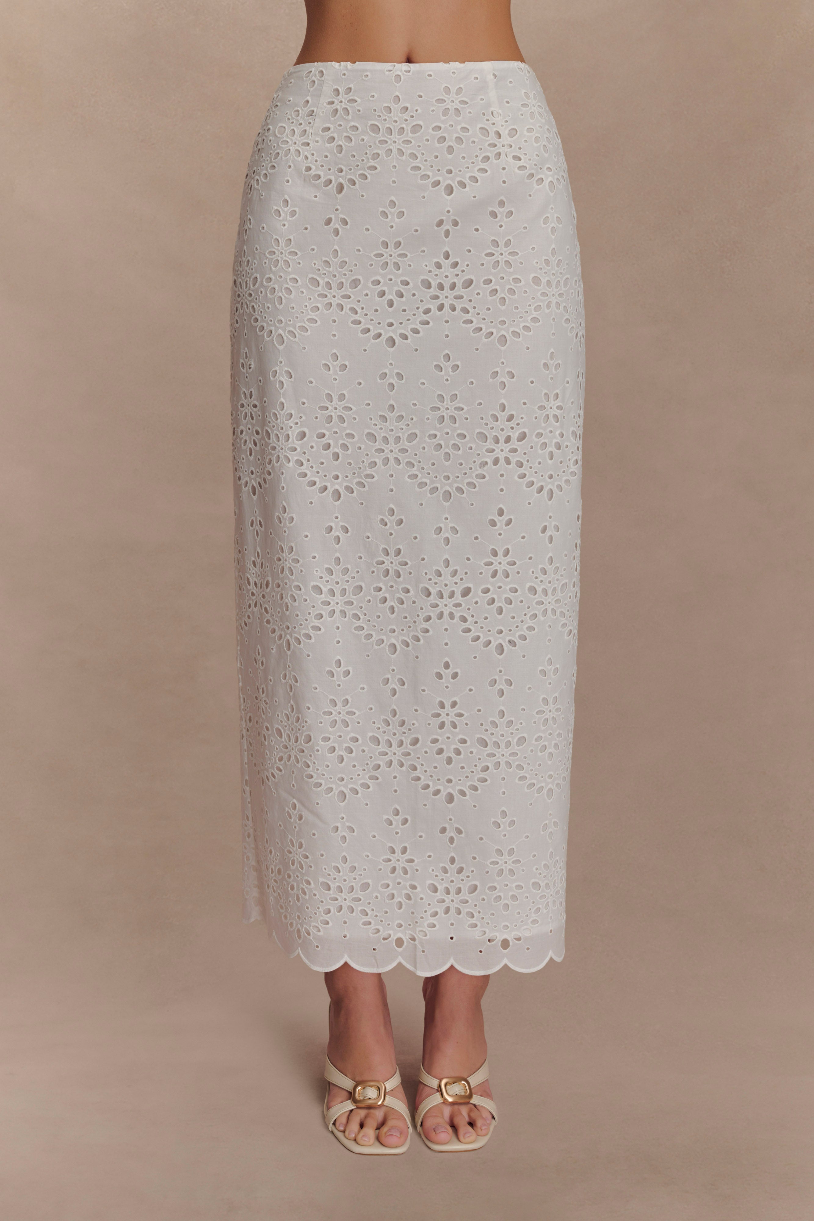 Broderie Midi Skirt with Scalloped Hem | Kensley White