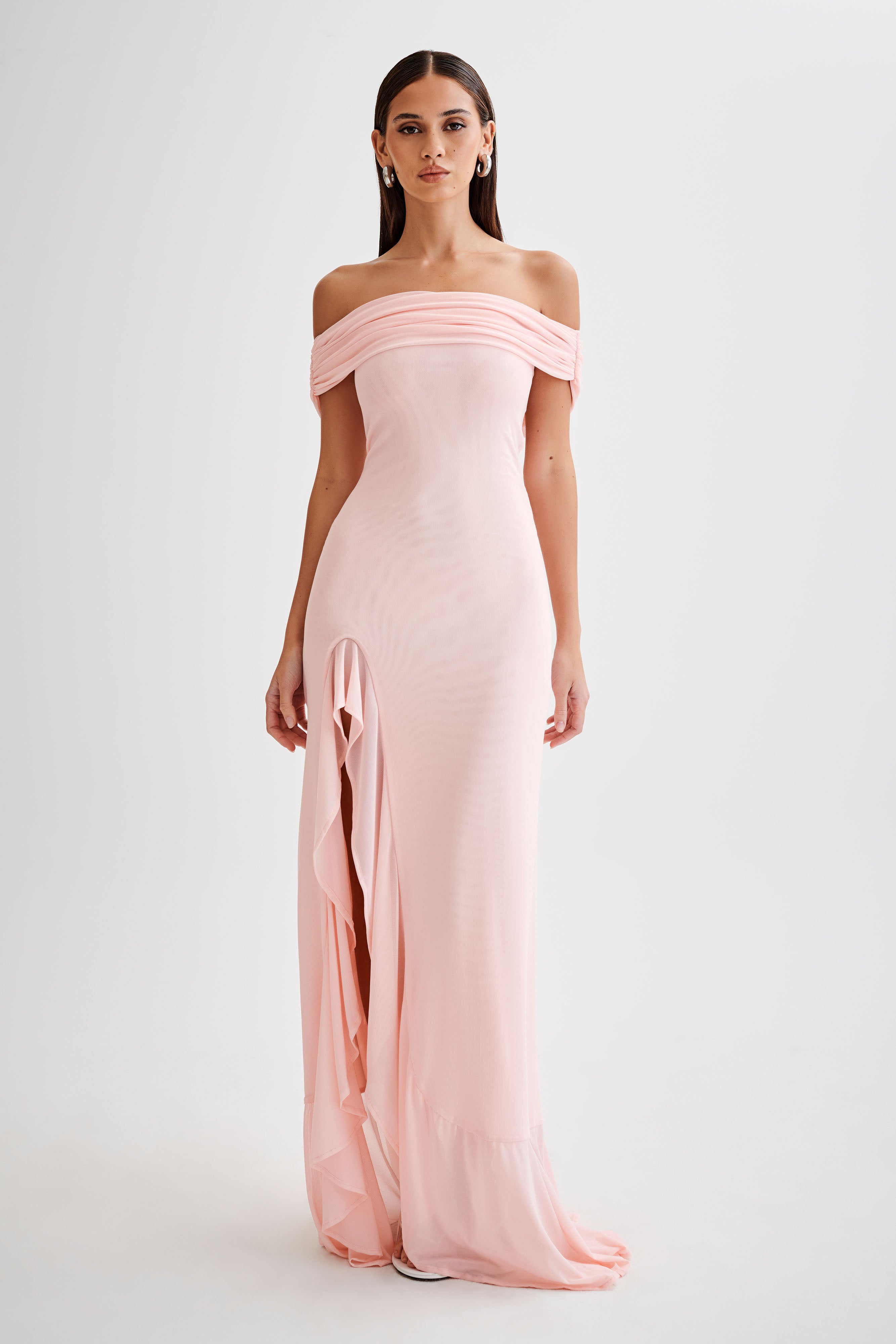 Off-Shoulder Mesh Maxi Dress with Ruched Detail | Audrey