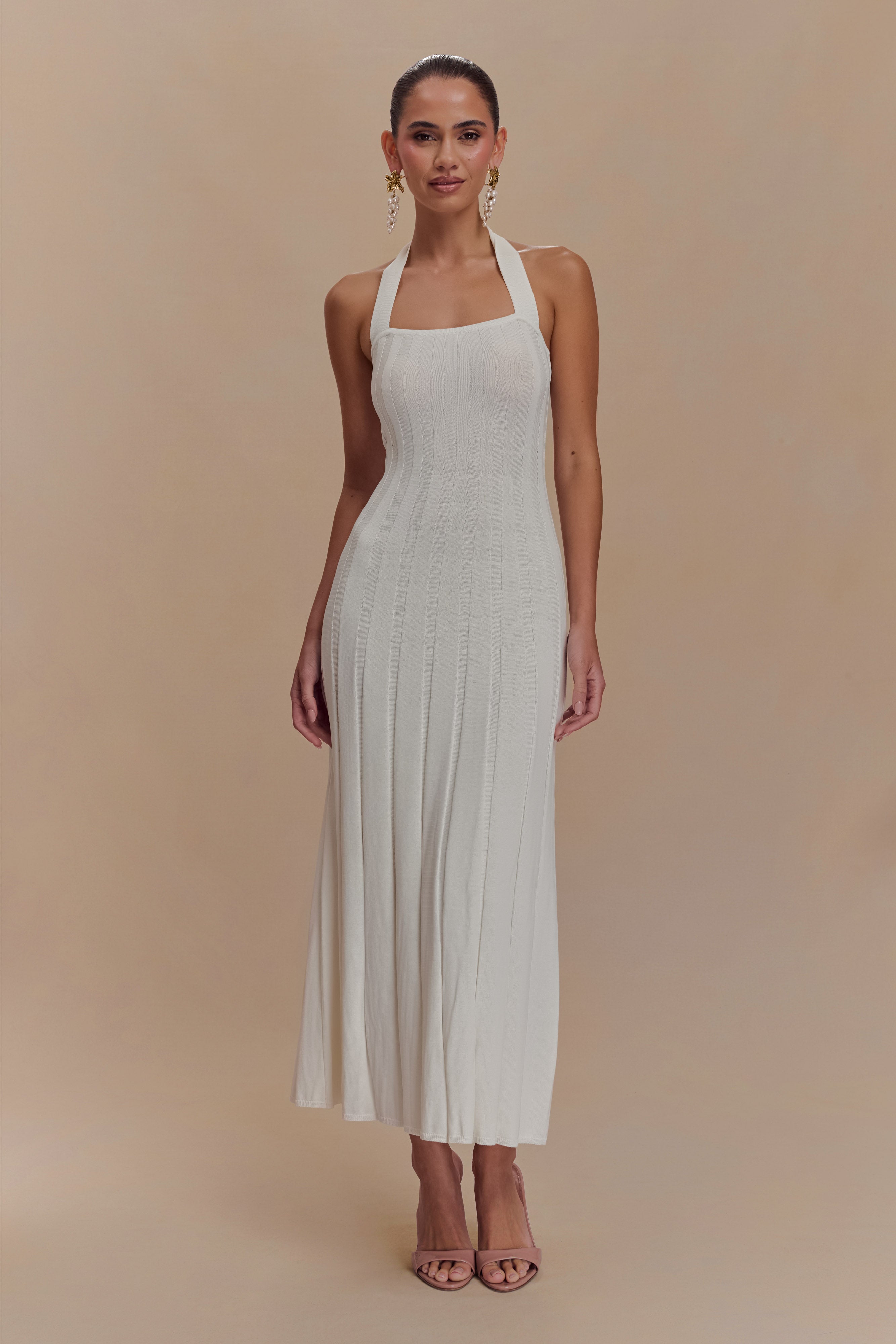 Halter Neck Knit Midi Dress with Ribbed Fabric & Pleated Hem | Jacqui