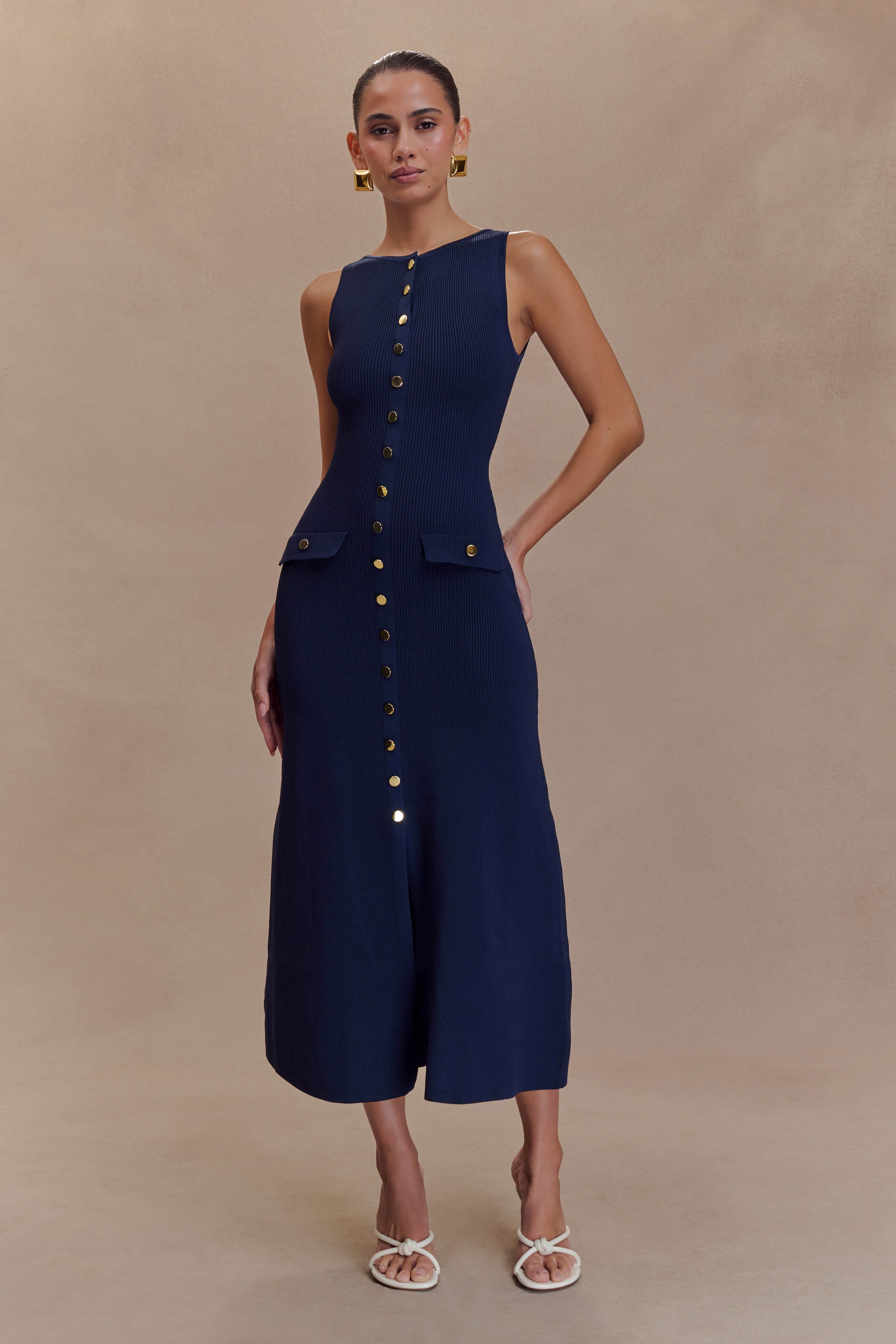 Sleeveless Buttoned Maxi Dress with Pockets | Sawyer Navy