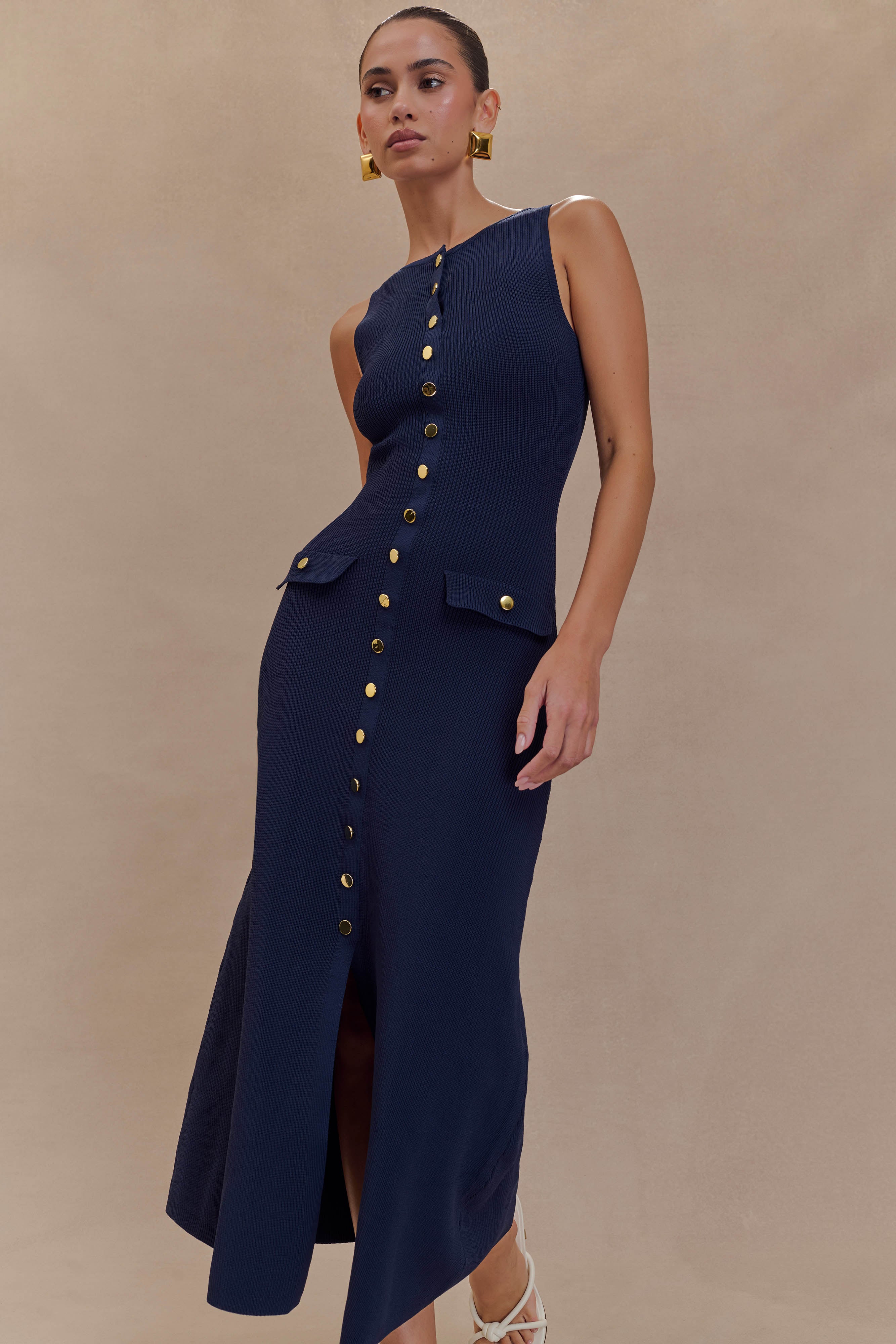 Sleeveless Buttoned Maxi Dress with Pockets | Sawyer Navy