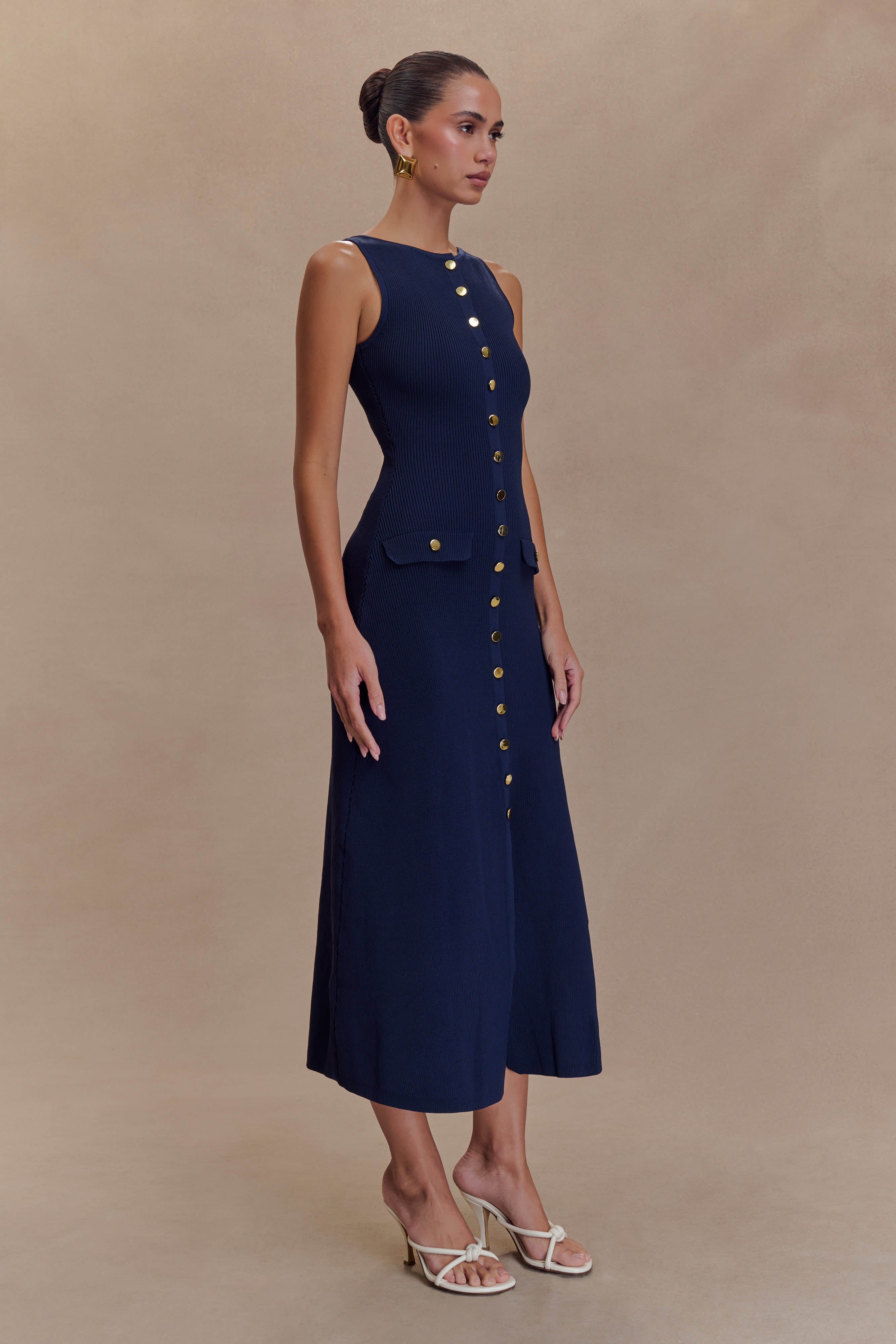 Sleeveless Buttoned Maxi Dress with Pockets | Sawyer Navy
