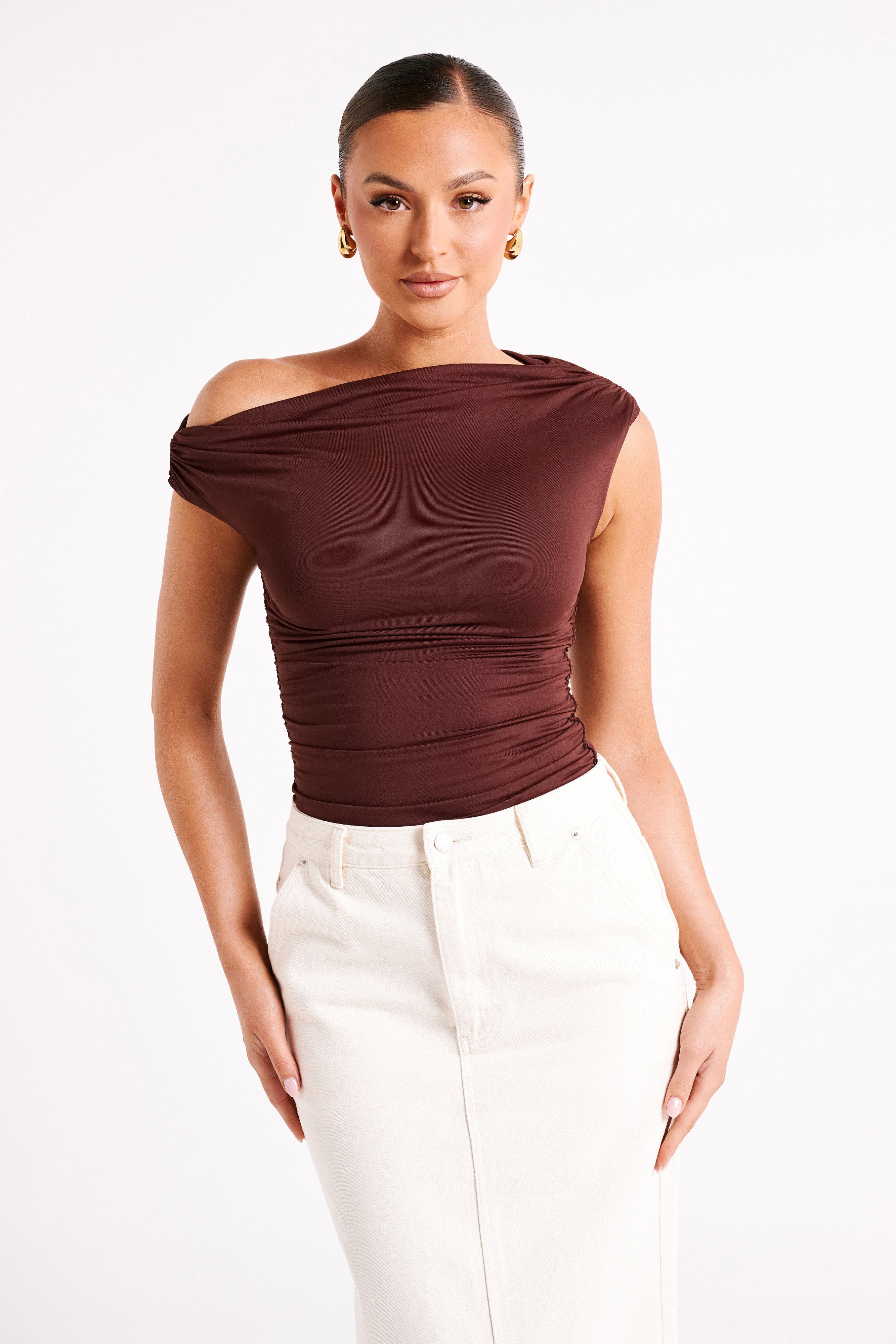 Recycled Nylon Ruched Top with Elastane | Alayna Chocolate