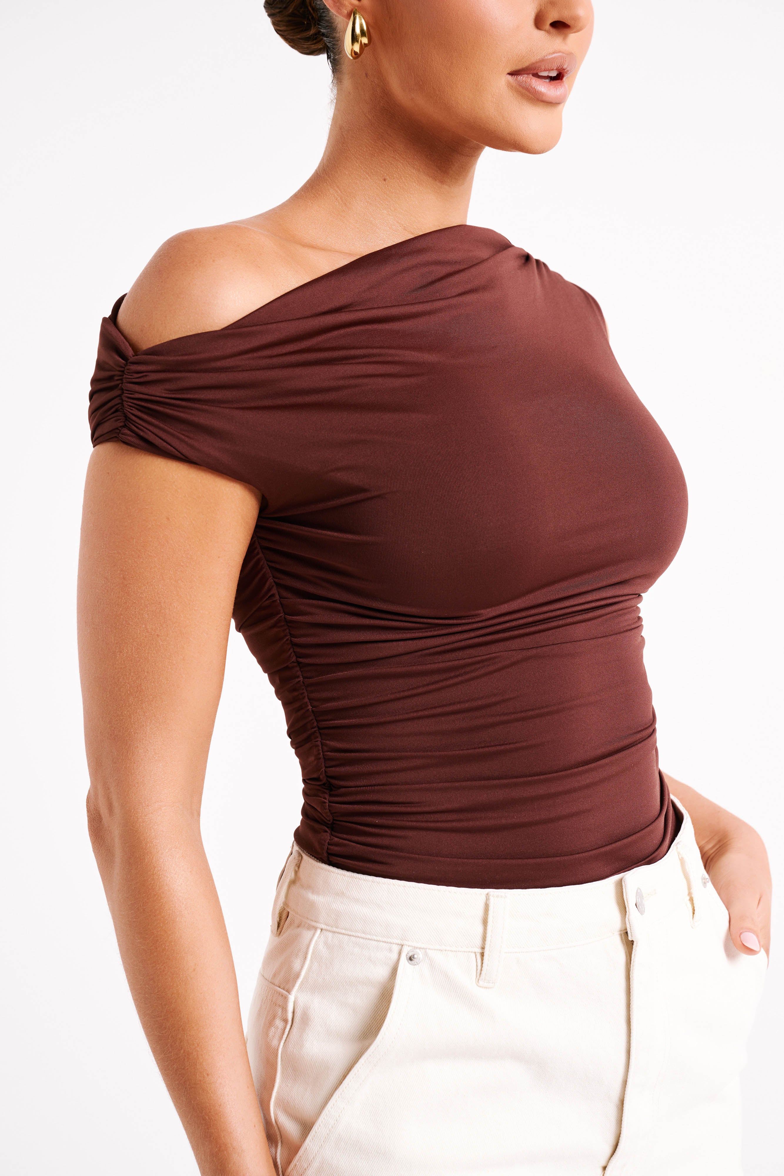 Recycled Nylon Ruched Top with Elastane | Alayna Chocolate