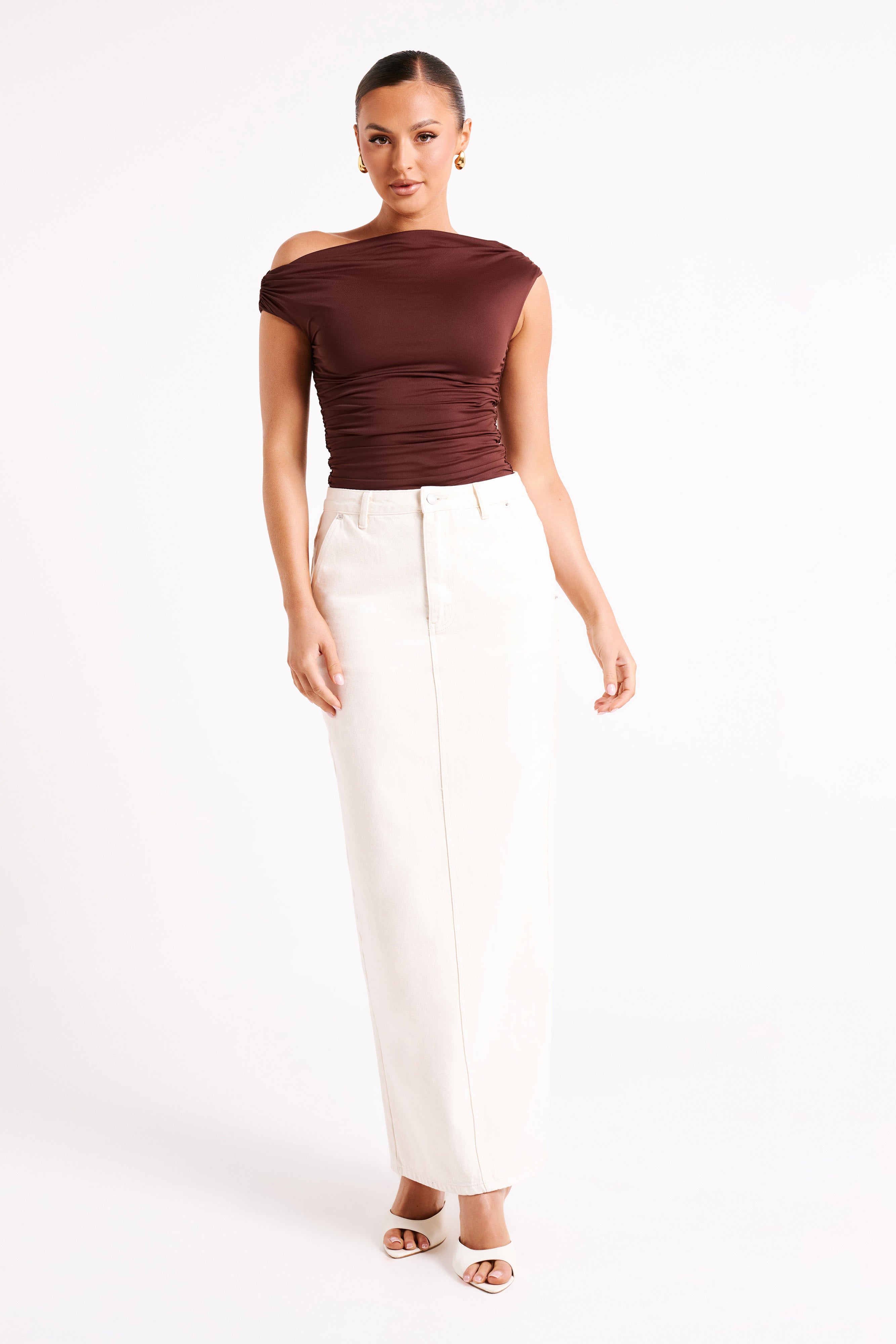Recycled Nylon Ruched Top with Elastane | Alayna Chocolate