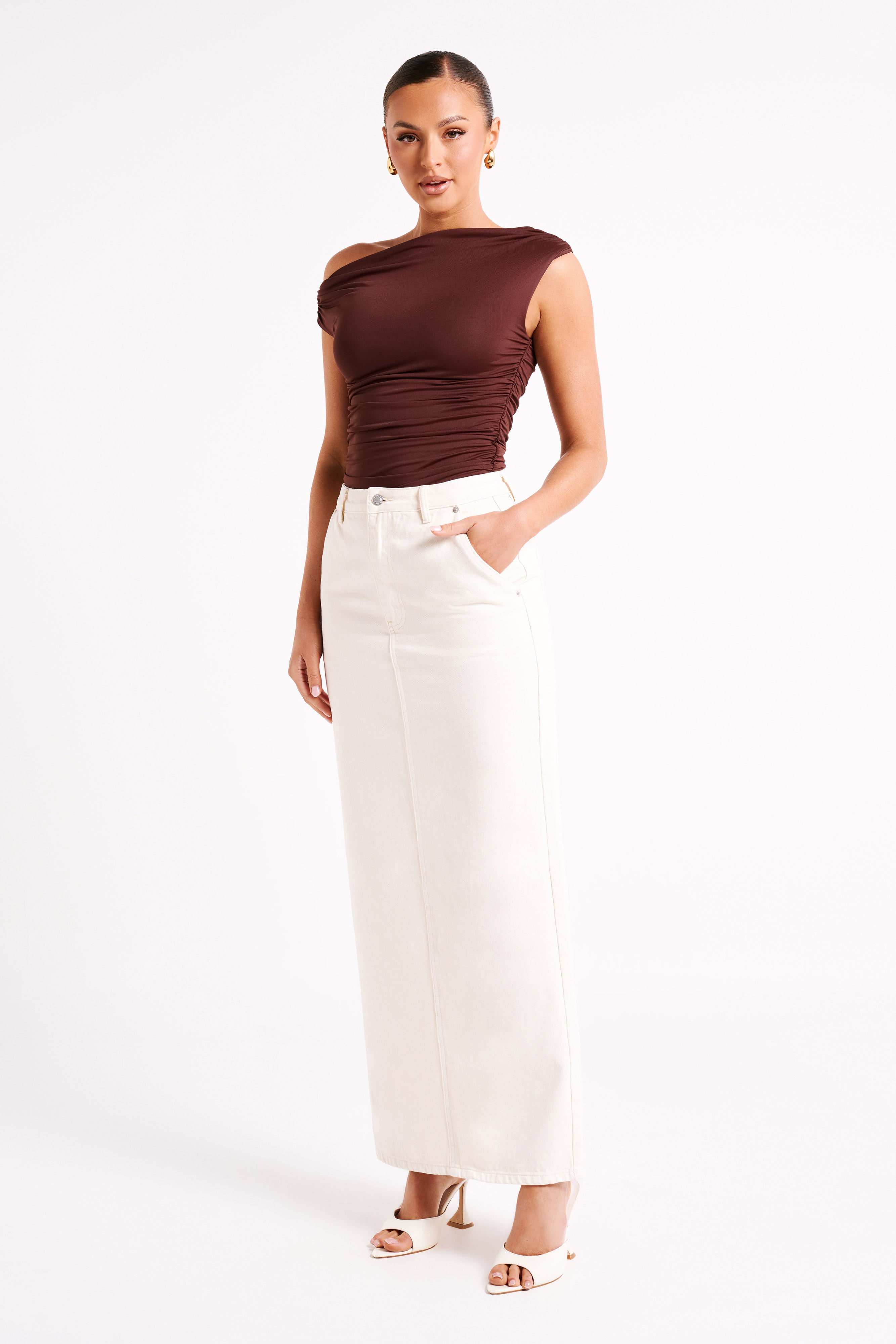 Recycled Nylon Ruched Top with Elastane | Alayna Chocolate