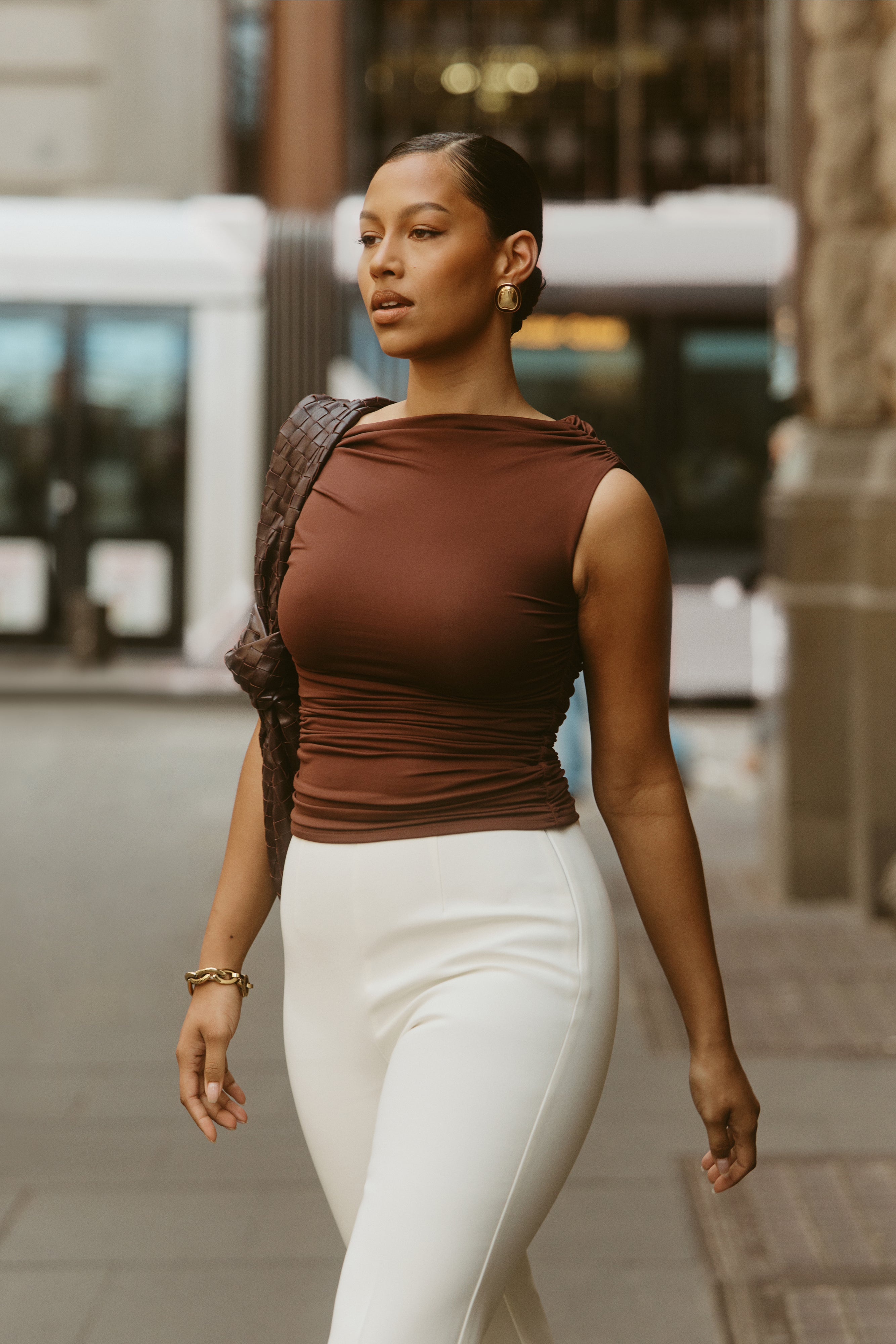 Recycled Nylon Ruched Top with Elastane | Alayna Chocolate