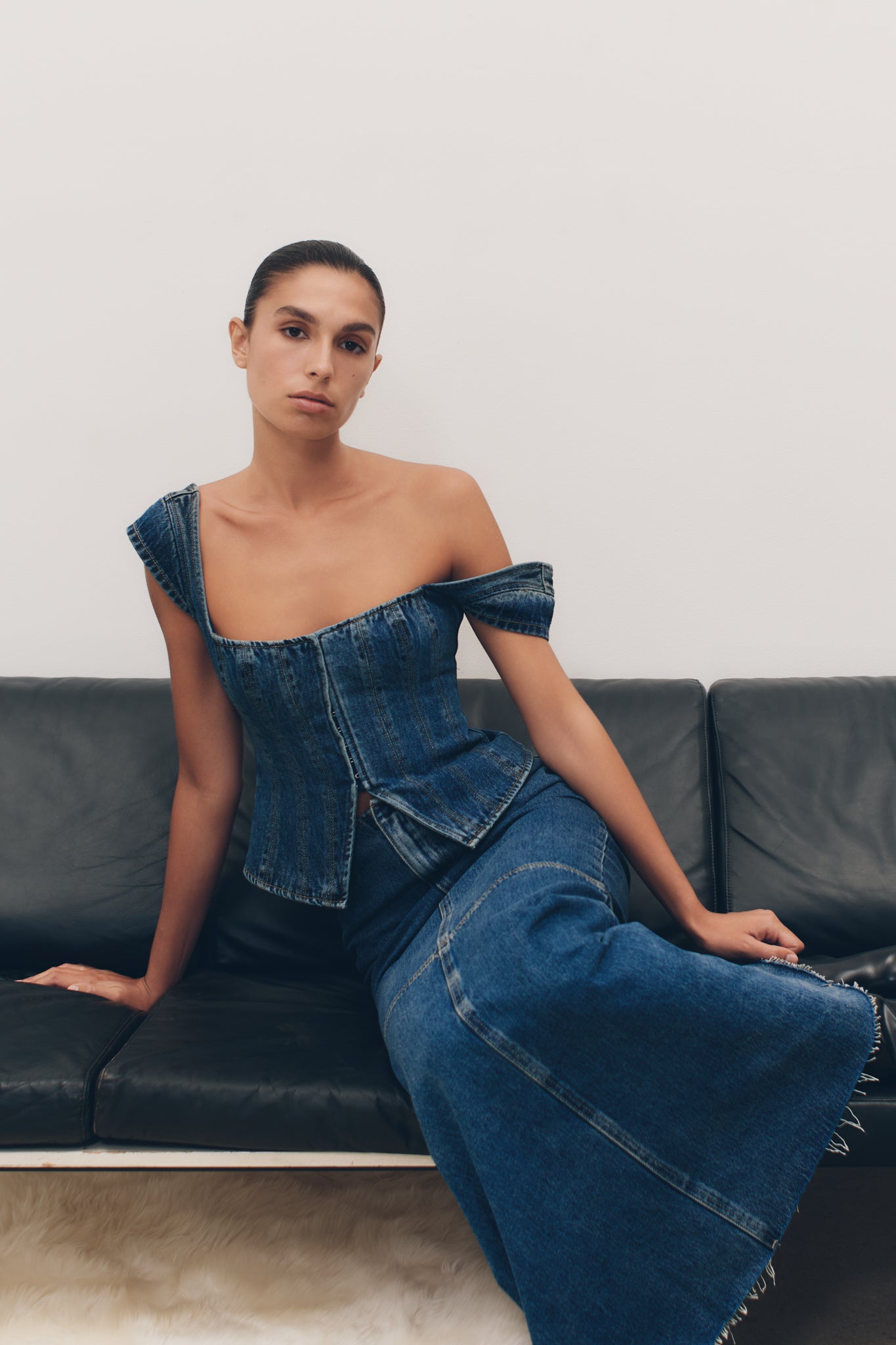 Cap Sleeve Denim Top with Square Neckline | Loretta Washed Dark Blue