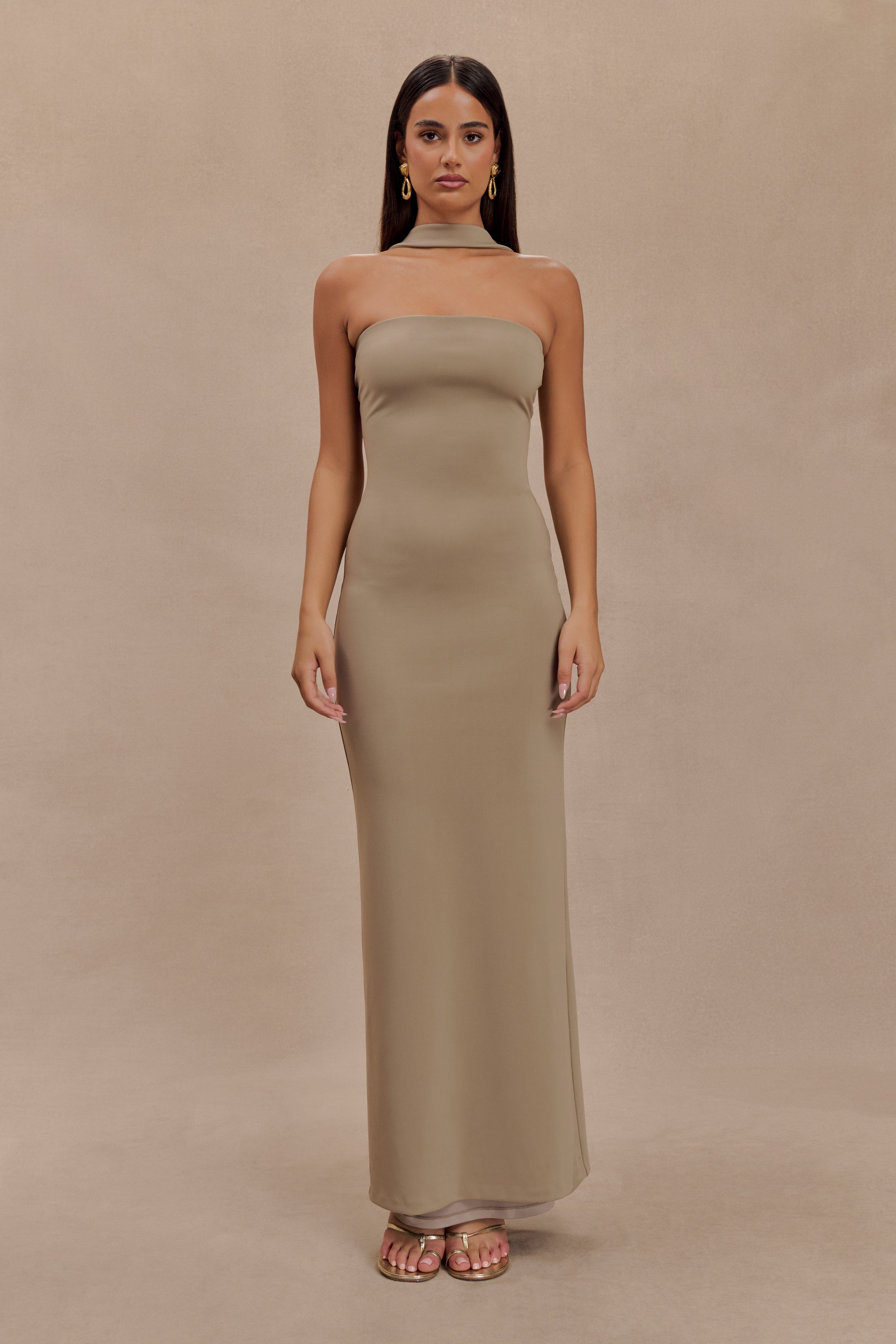 Elegant Halter Collar Maxi Dress with Back Vent | Velma Mushroom