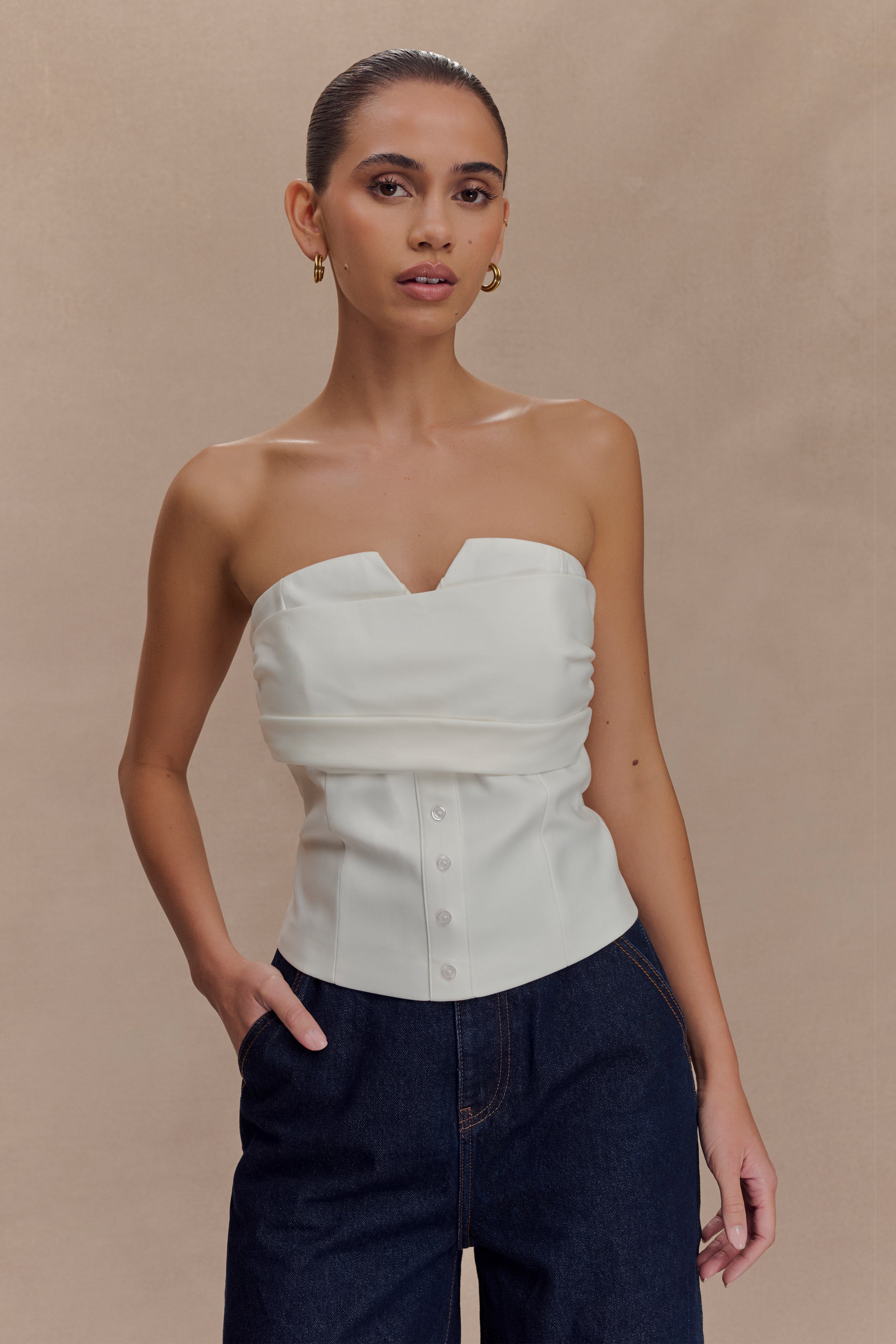 Strapless Cotton Top with V-Neck & Concealed Zip | Zillah White