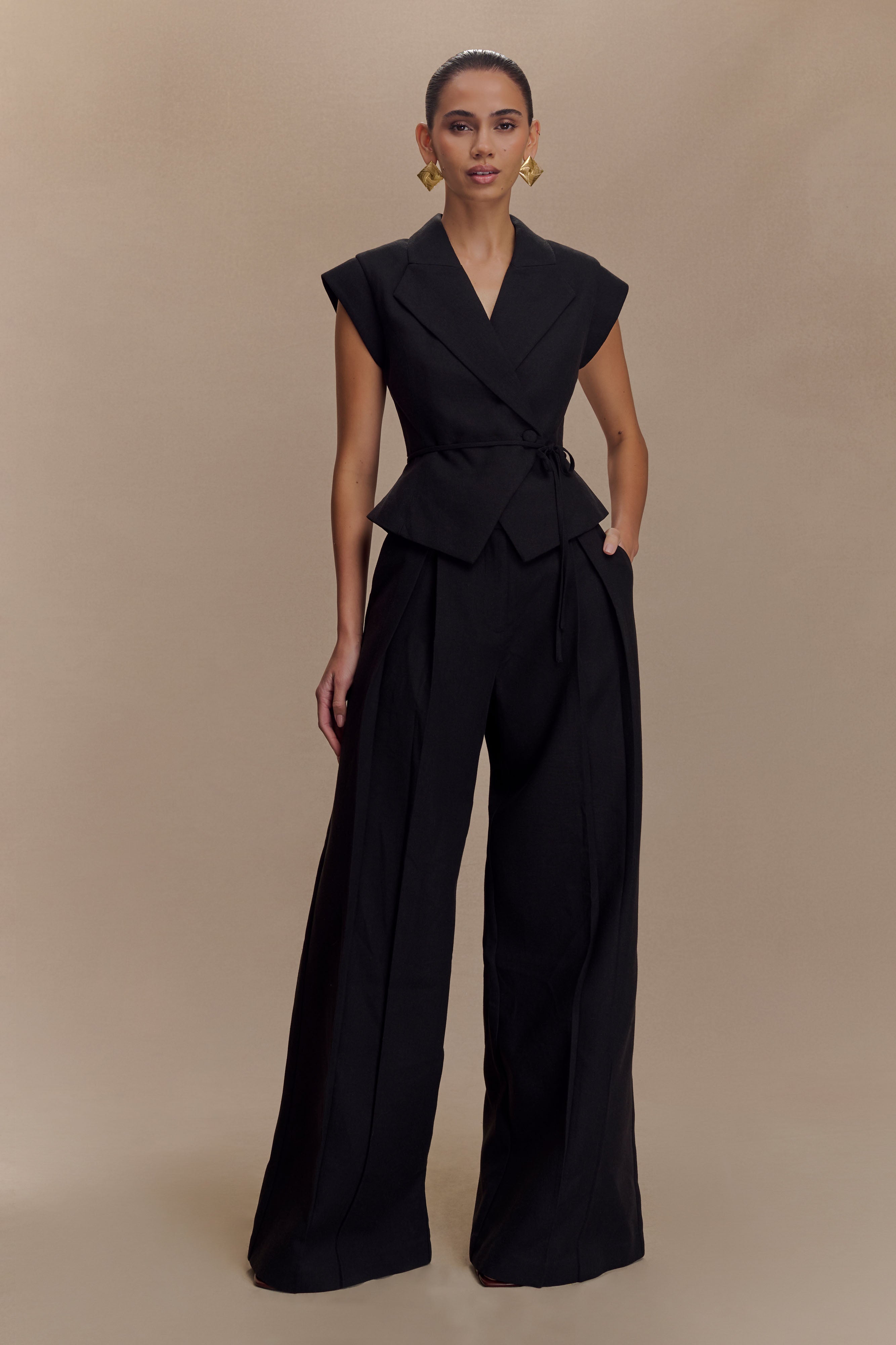 Wide Leg Linen Pants for Women | RAYA Mid Rise Black