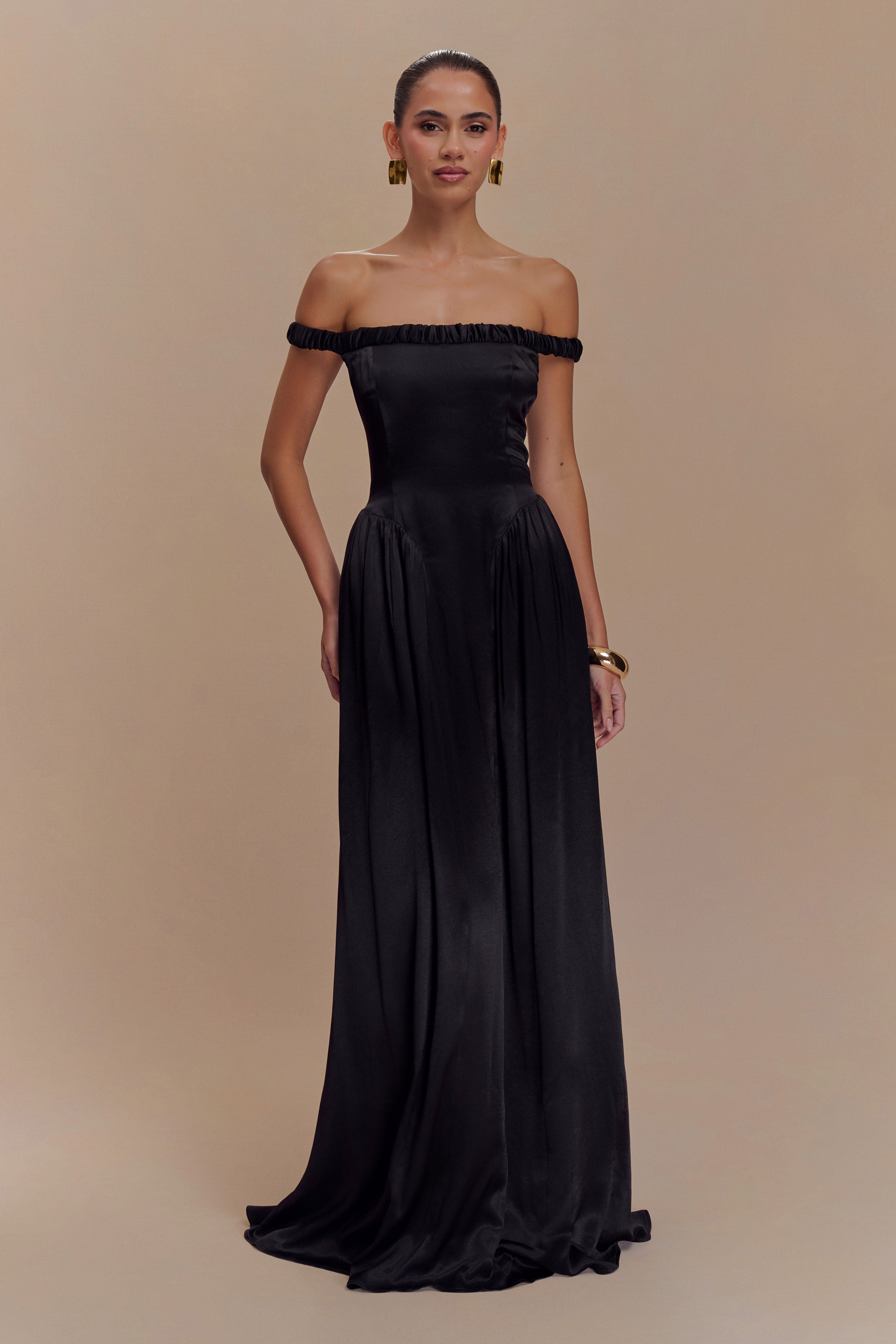 Off-the-Shoulder Maxi Dress with Ruched Neckline | COCO Black