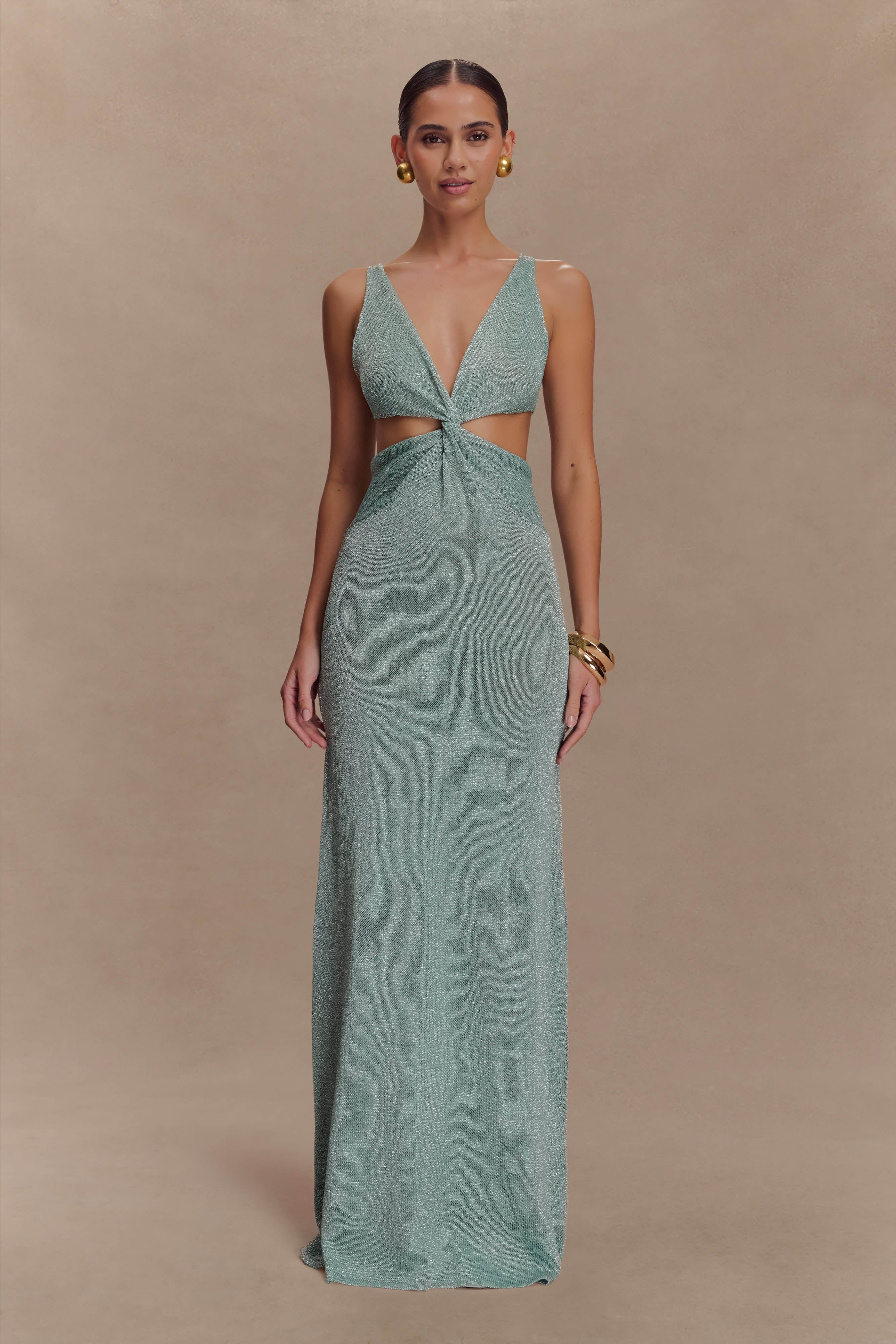 Twisted Metallic Knit Maxi Dress with Plunge Neckline | Gracelyn
