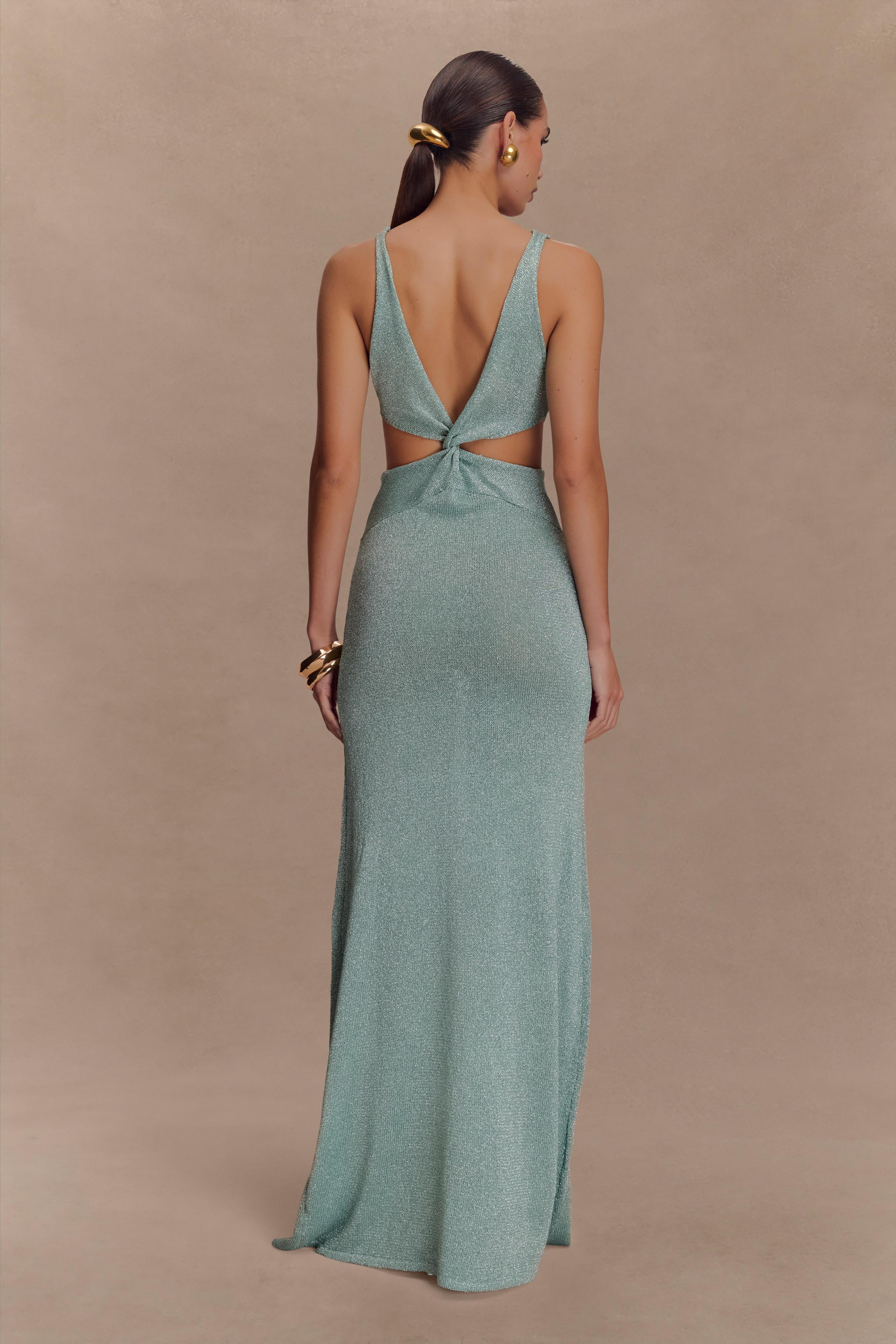 Twisted Metallic Knit Maxi Dress with Plunge Neckline | Gracelyn