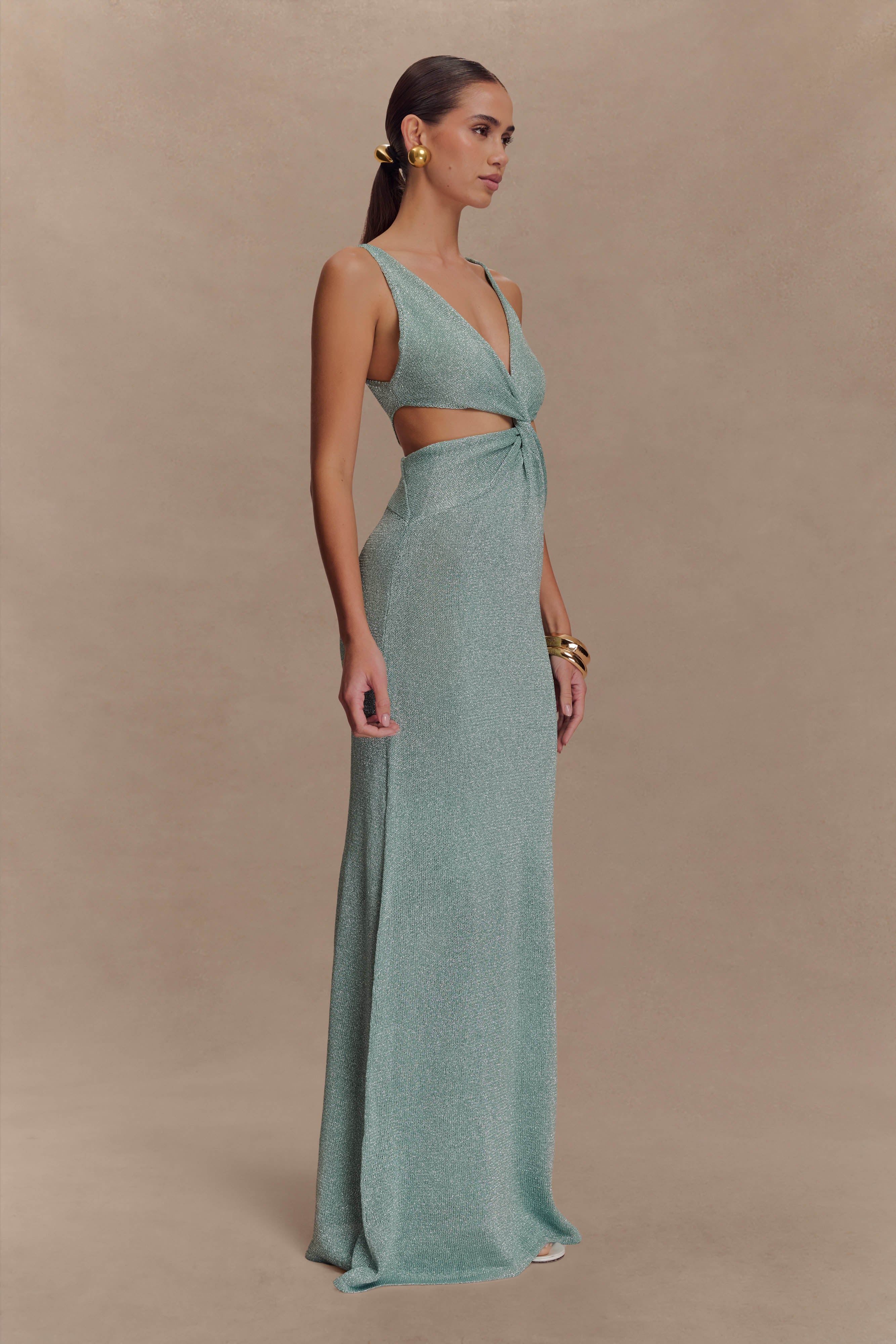 Twisted Metallic Knit Maxi Dress with Plunge Neckline | Gracelyn