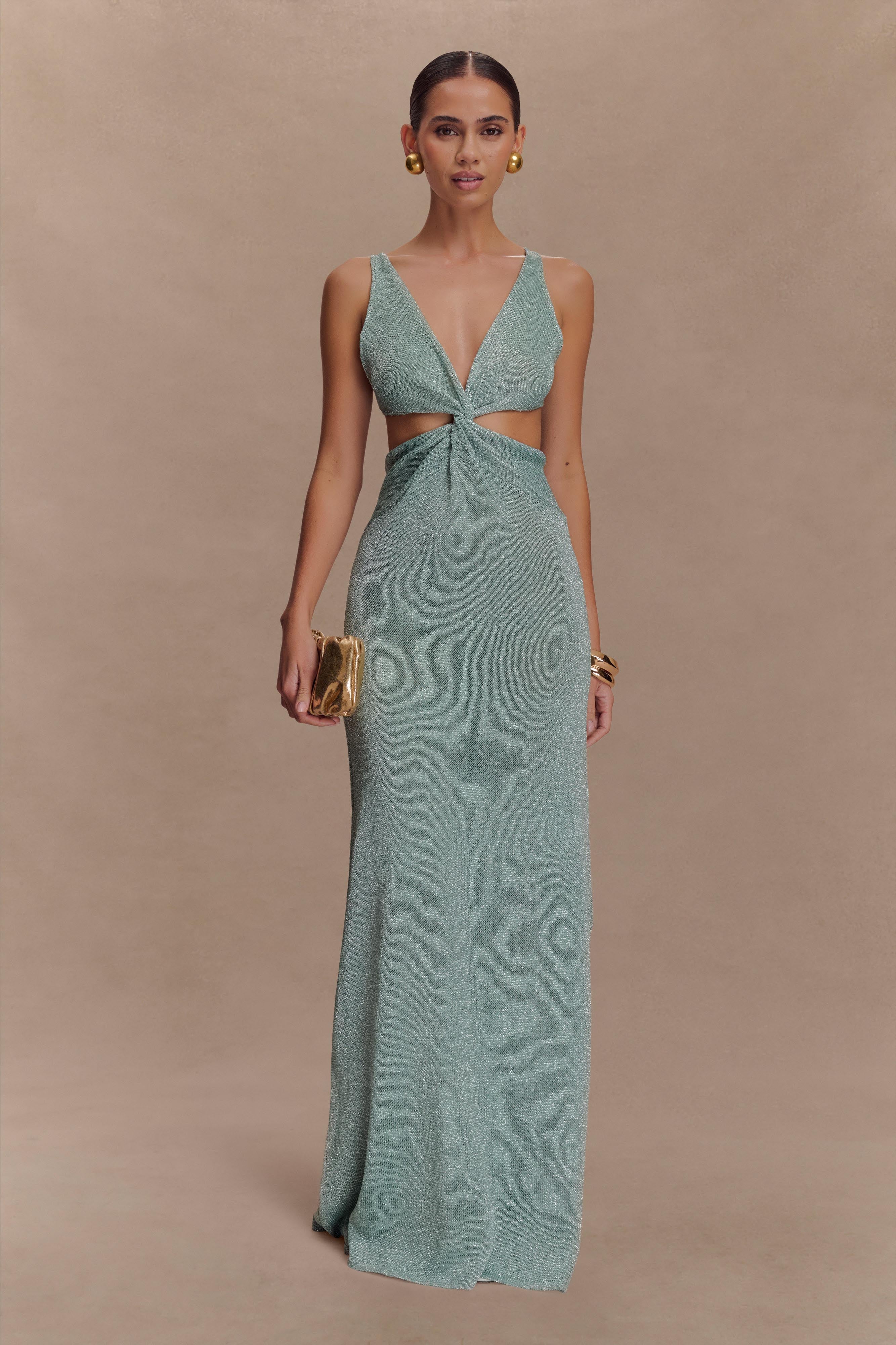 Twisted Metallic Knit Maxi Dress with Plunge Neckline | Gracelyn