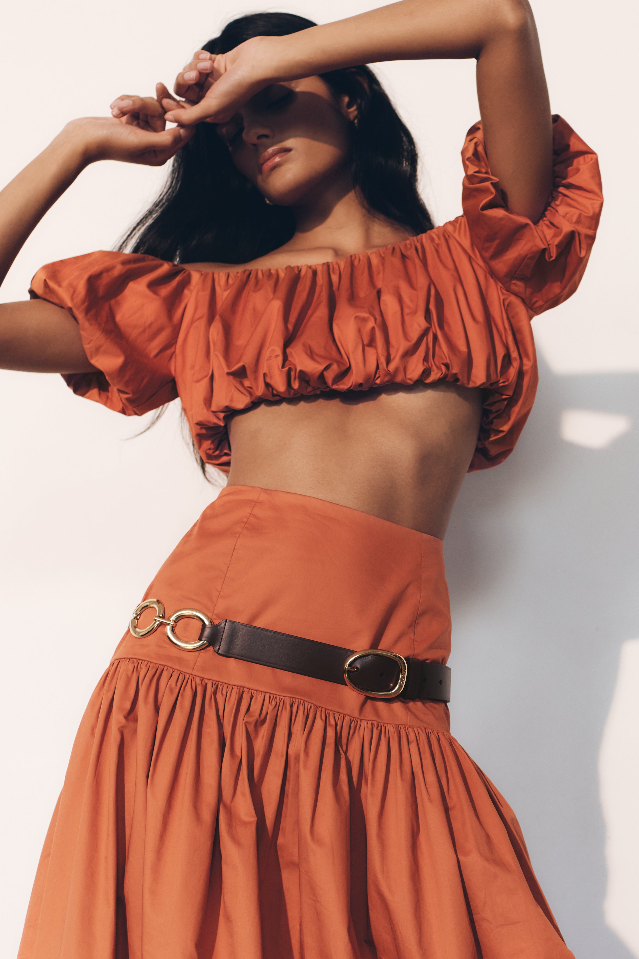 Off-Shoulder Bubble Top with Puff Sleeves - Burnt Orange