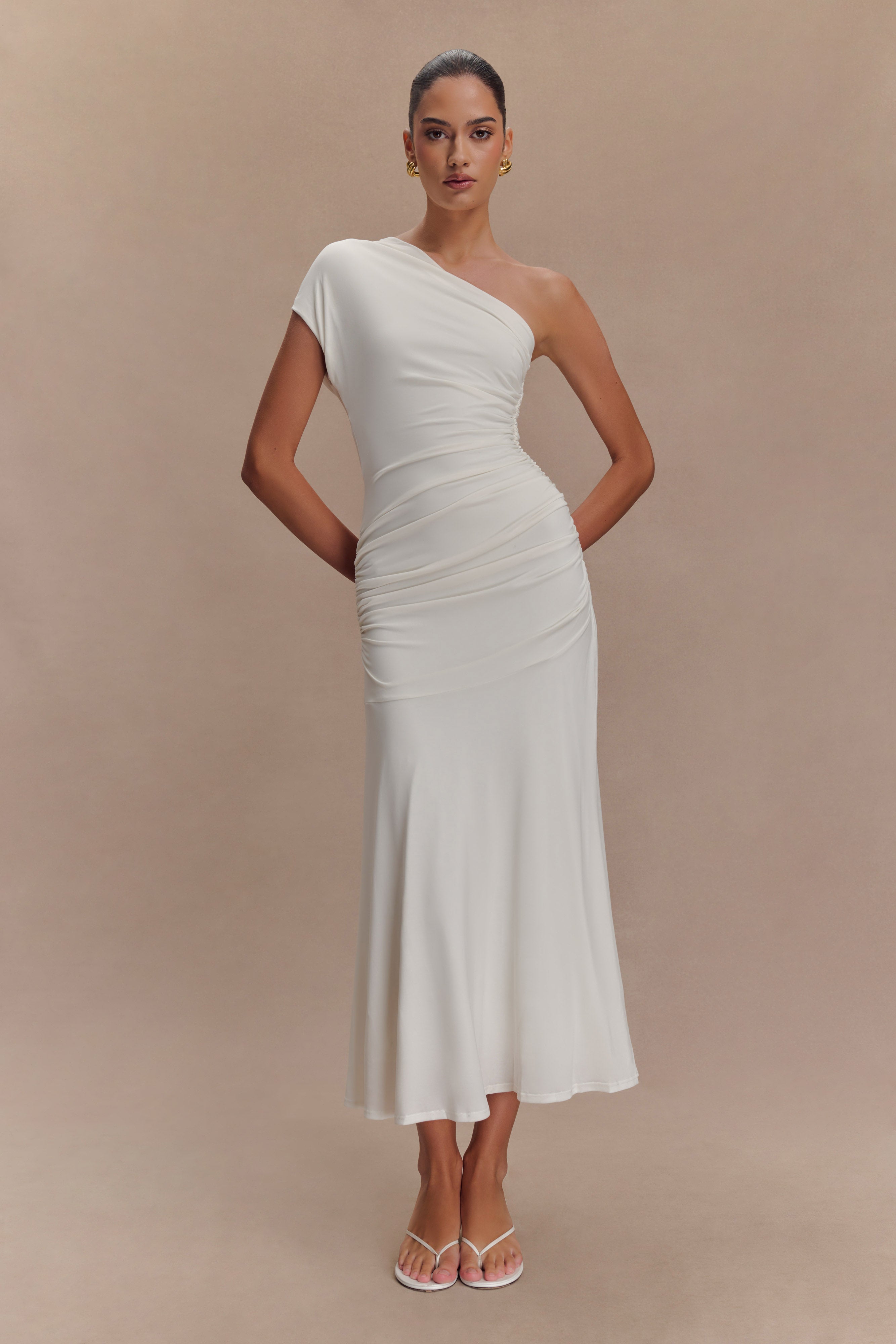 One Shoulder Midi Dress with Waist Ruching & Fishtail Hem | Chloe Peached Jersey