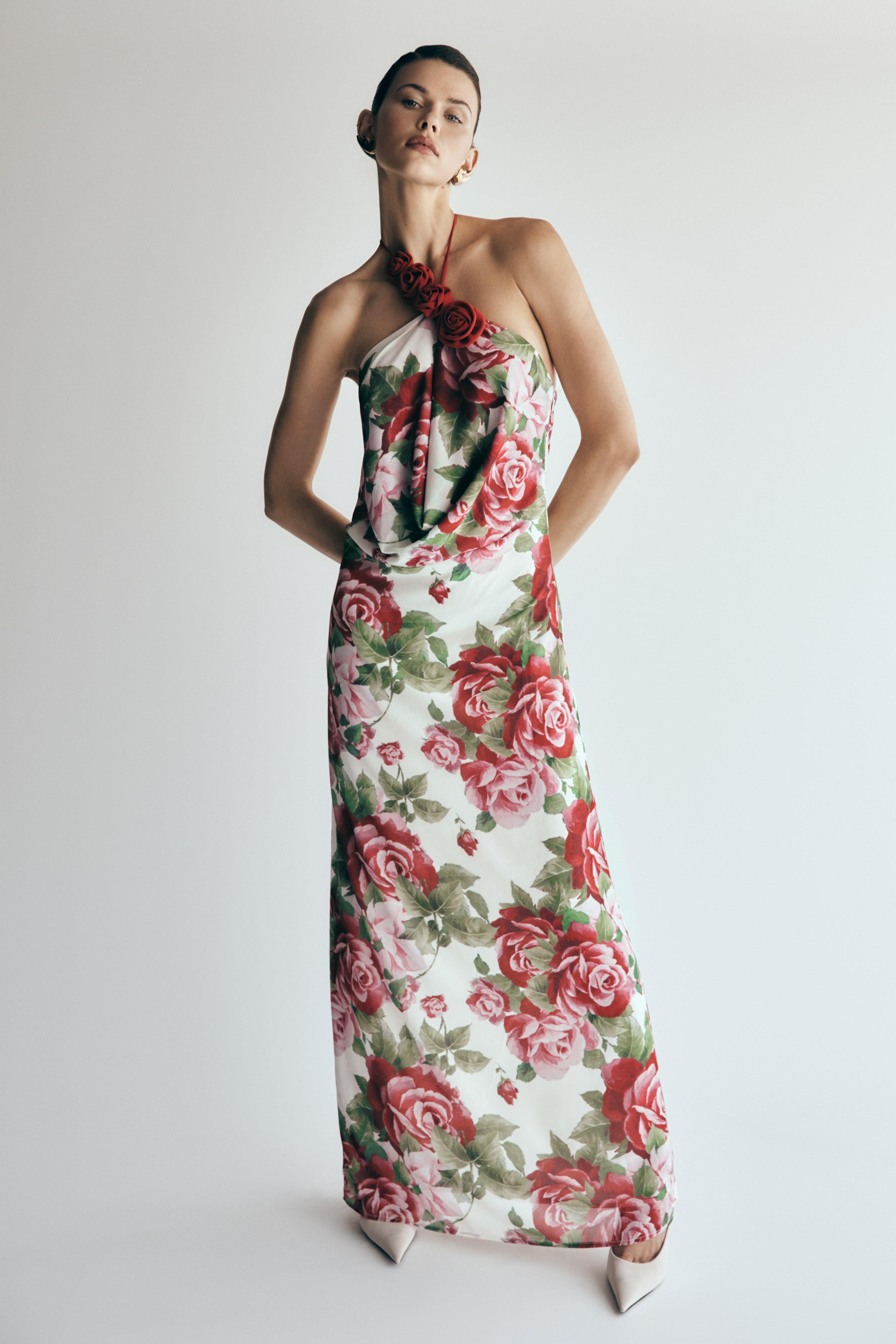 Cowl Neck Maxi Dress with Open Back & Rose Applique | Rosalia