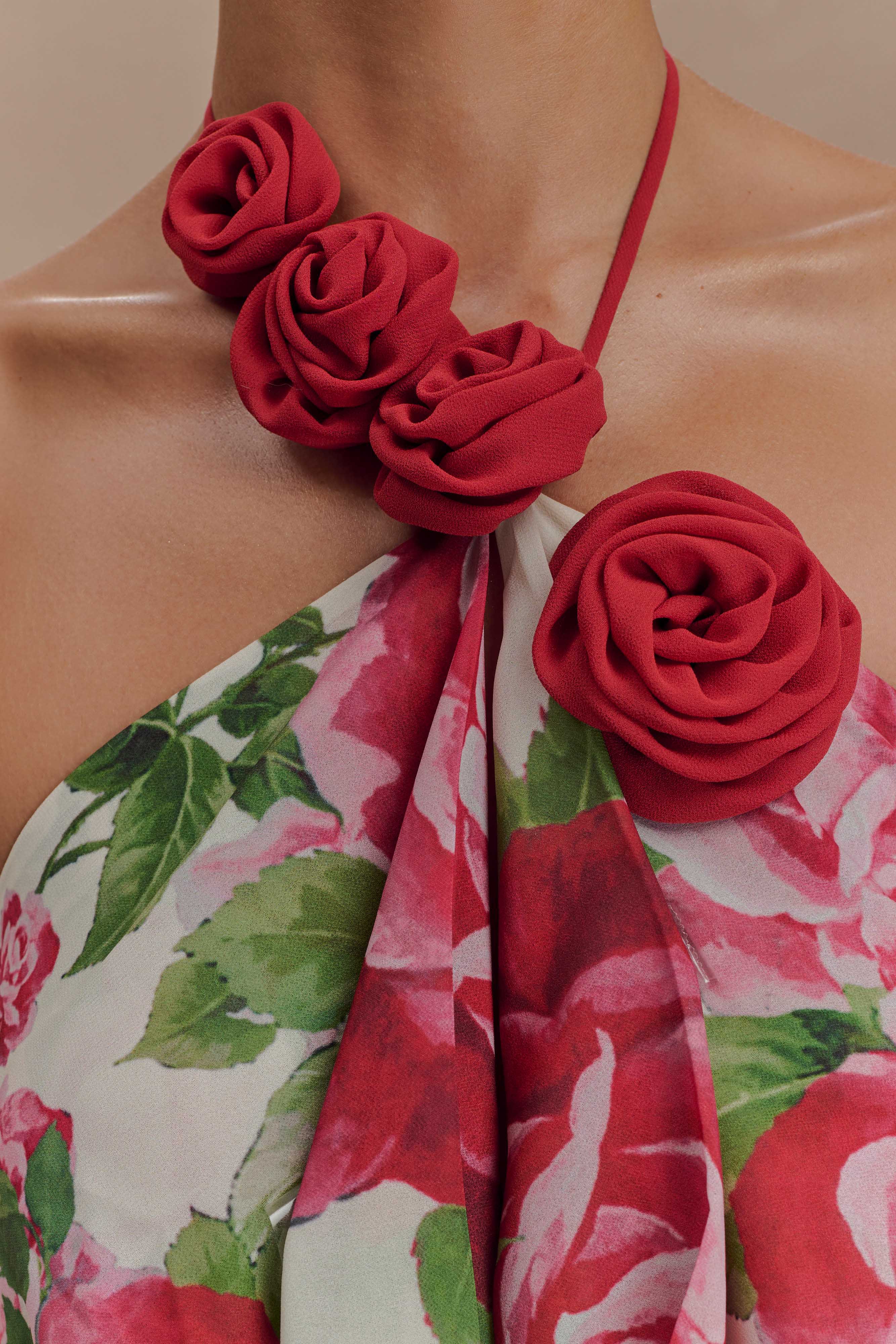 Cowl Neck Maxi Dress with Open Back & Rose Applique | Rosalia