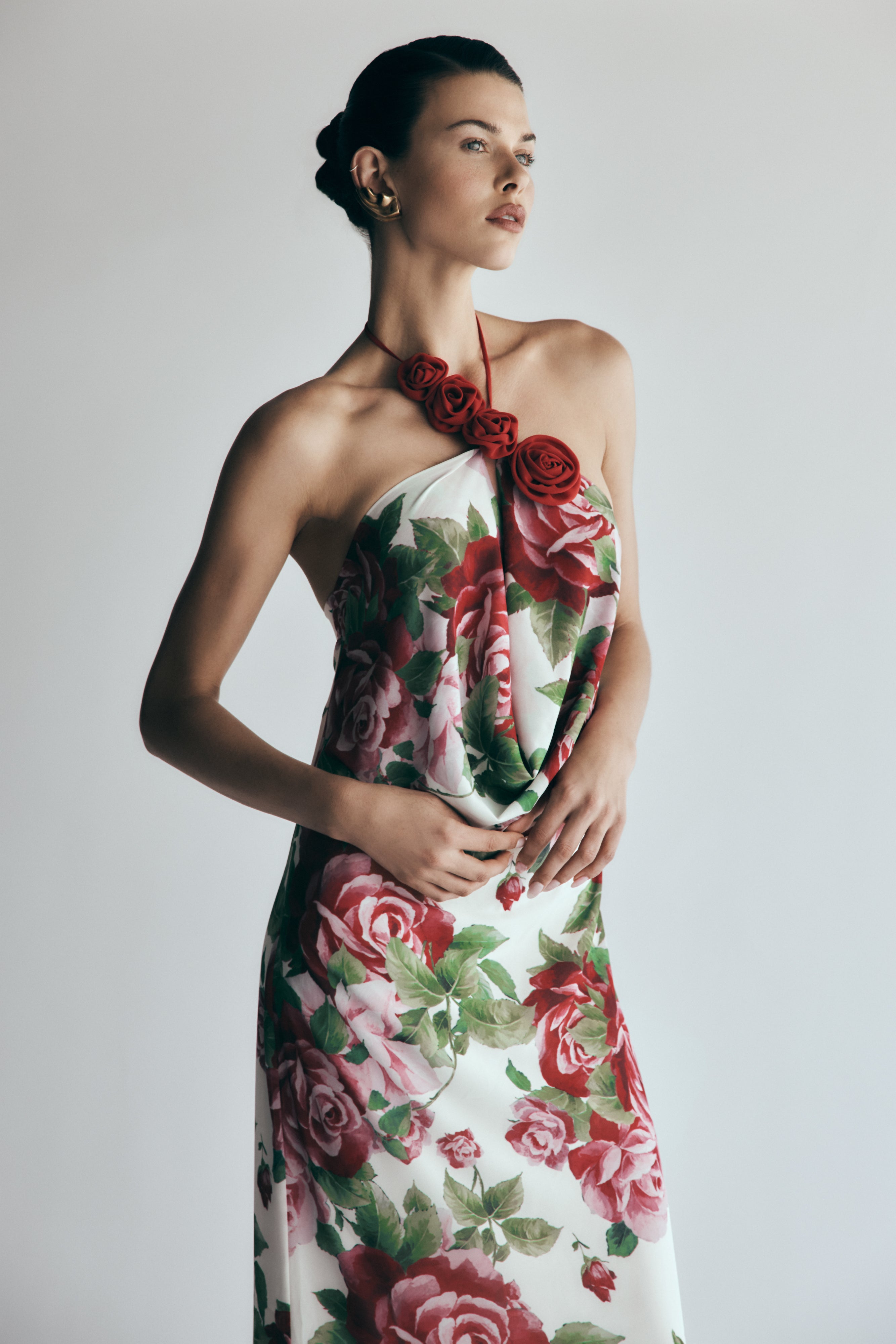 Cowl Neck Maxi Dress with Open Back & Rose Applique | Rosalia
