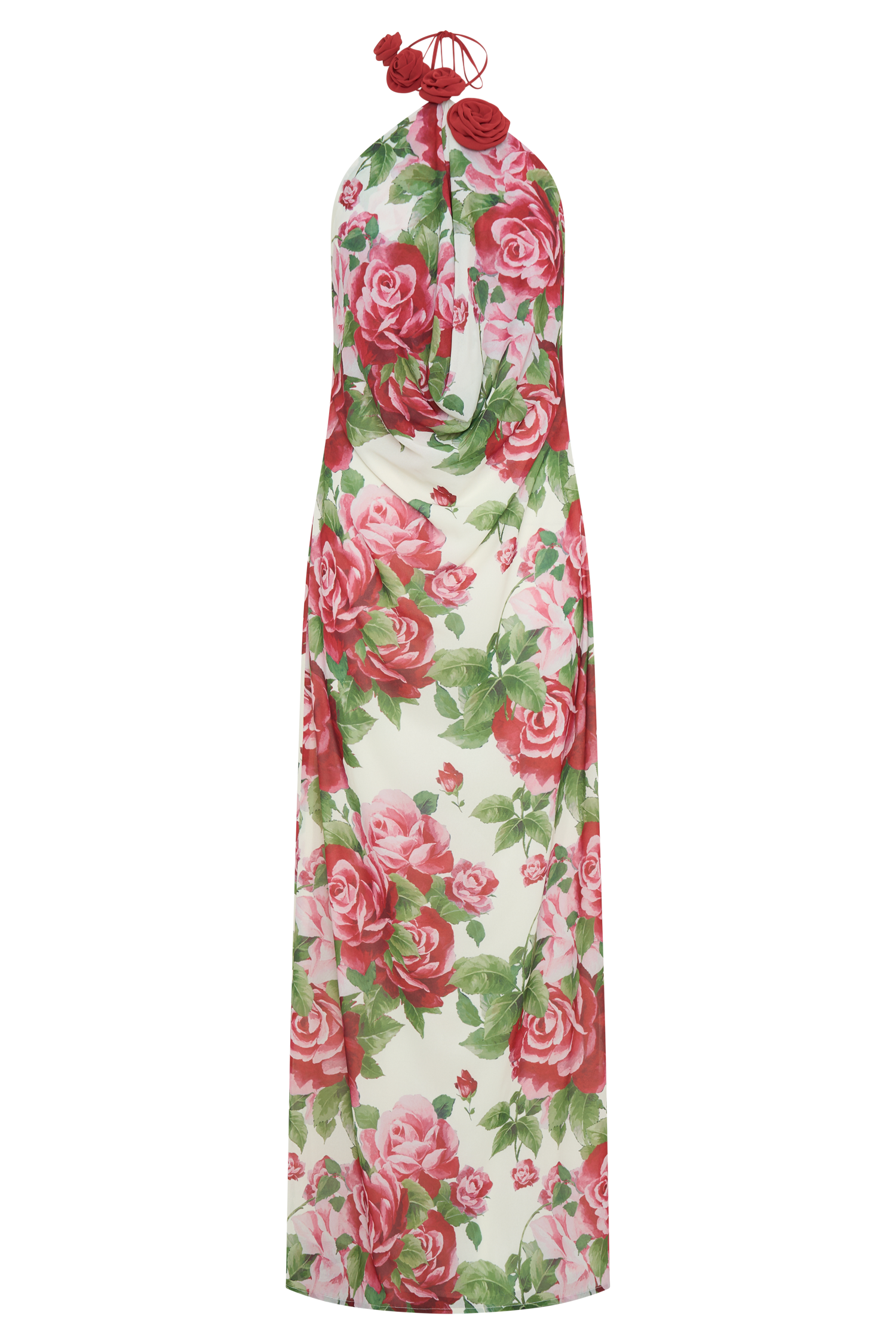 Cowl Neck Maxi Dress with Open Back & Rose Applique | Rosalia