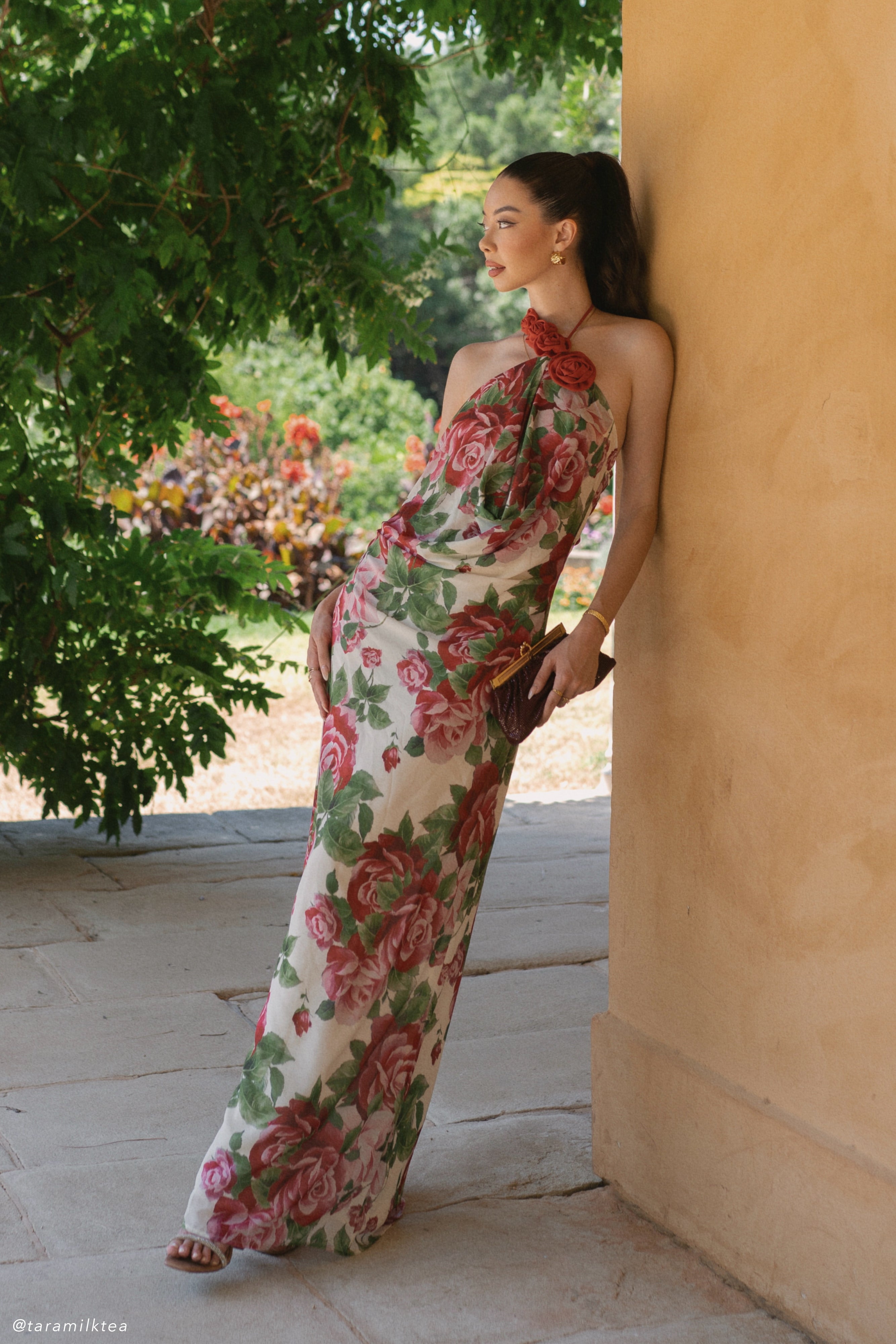 Cowl Neck Maxi Dress with Open Back & Rose Applique | Rosalia