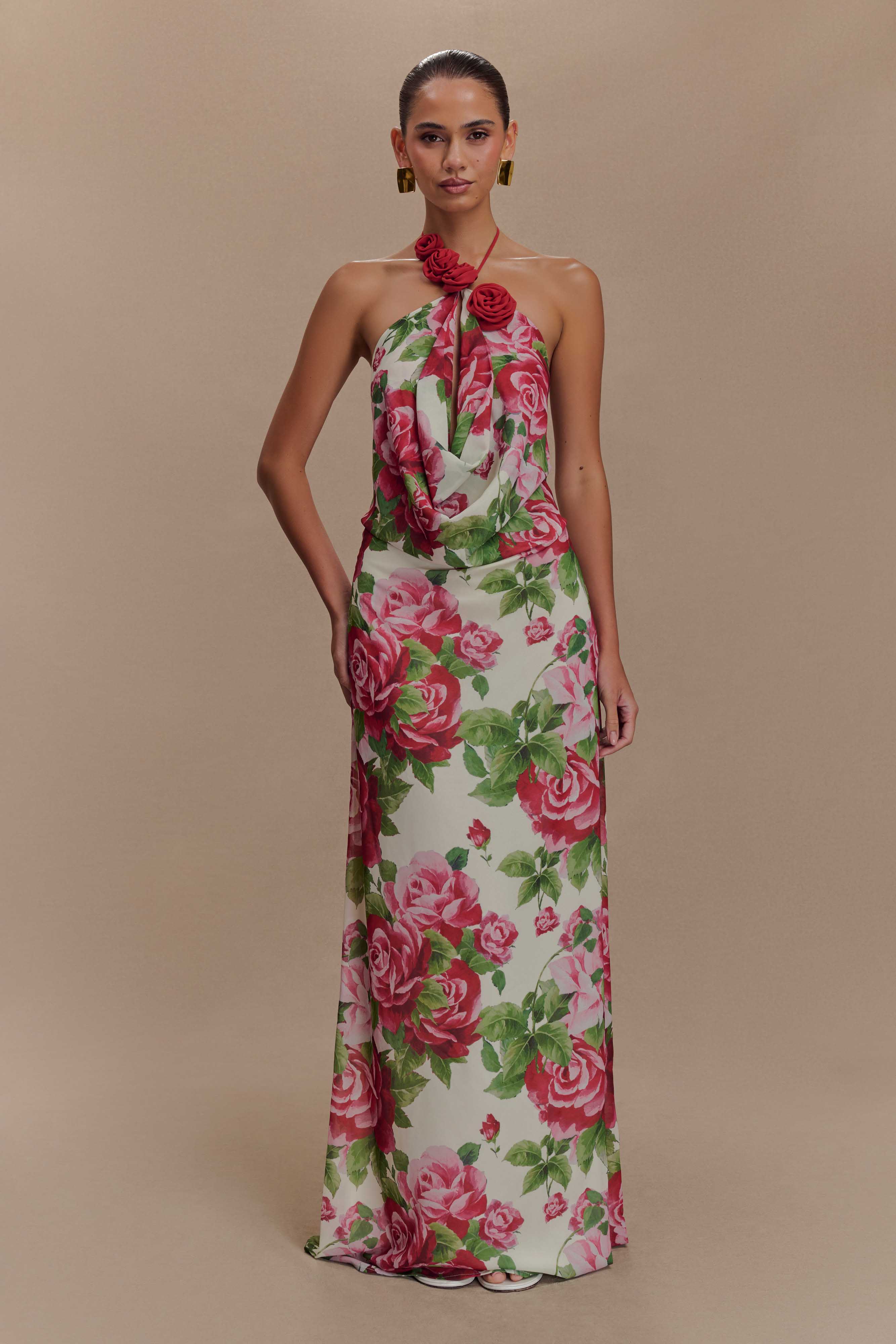 Cowl Neck Maxi Dress with Open Back & Rose Applique | Rosalia