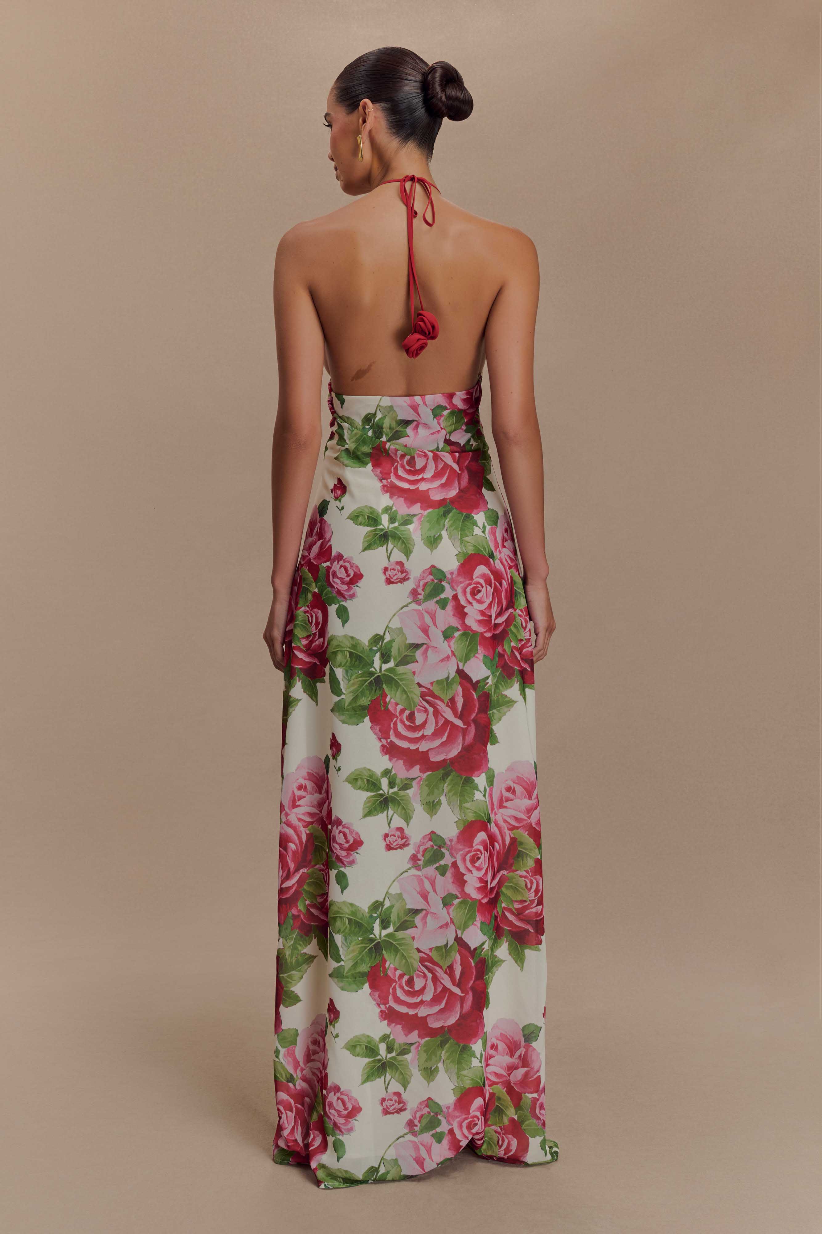 Cowl Neck Maxi Dress with Open Back & Rose Applique | Rosalia