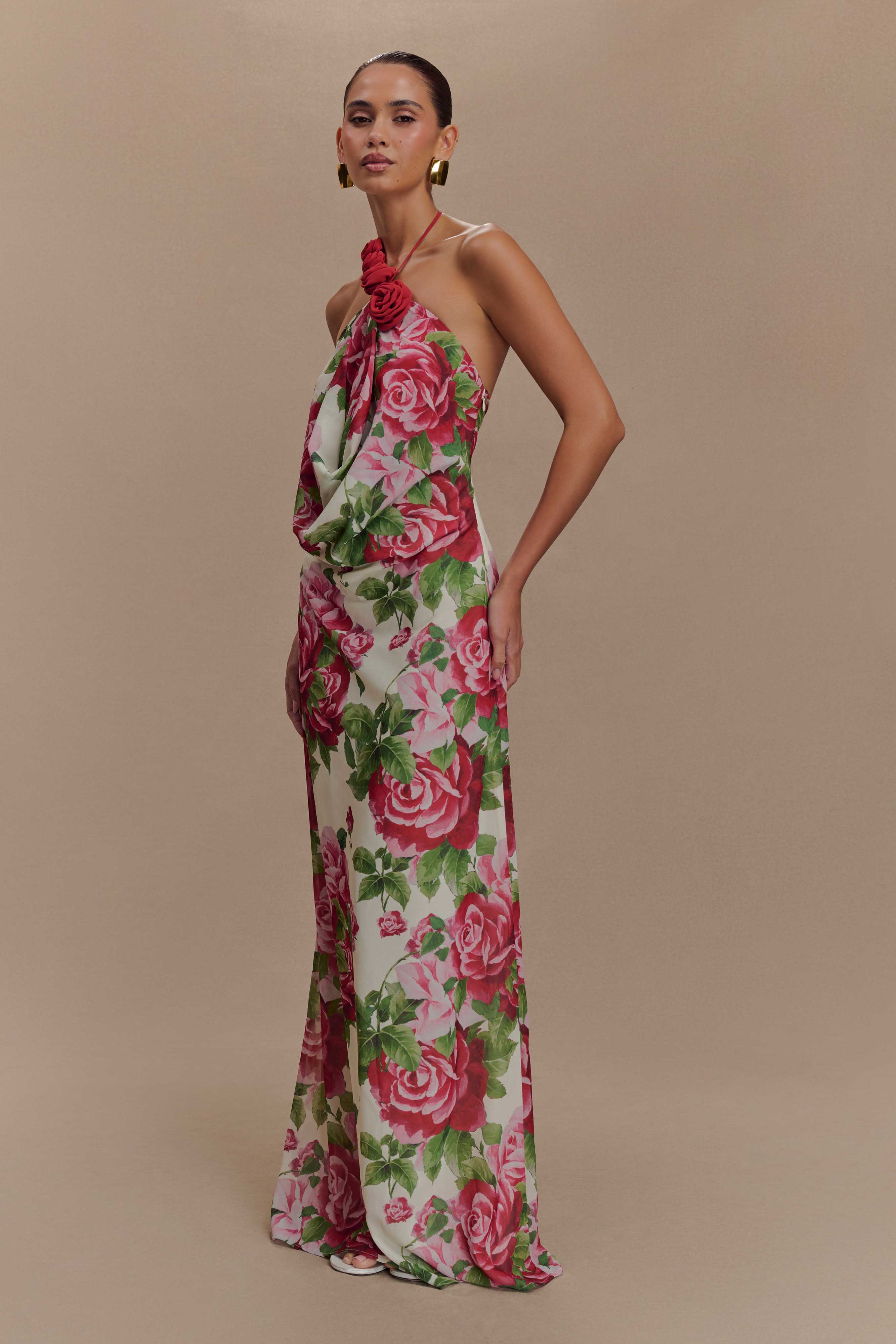Cowl Neck Maxi Dress with Open Back & Rose Applique | Rosalia