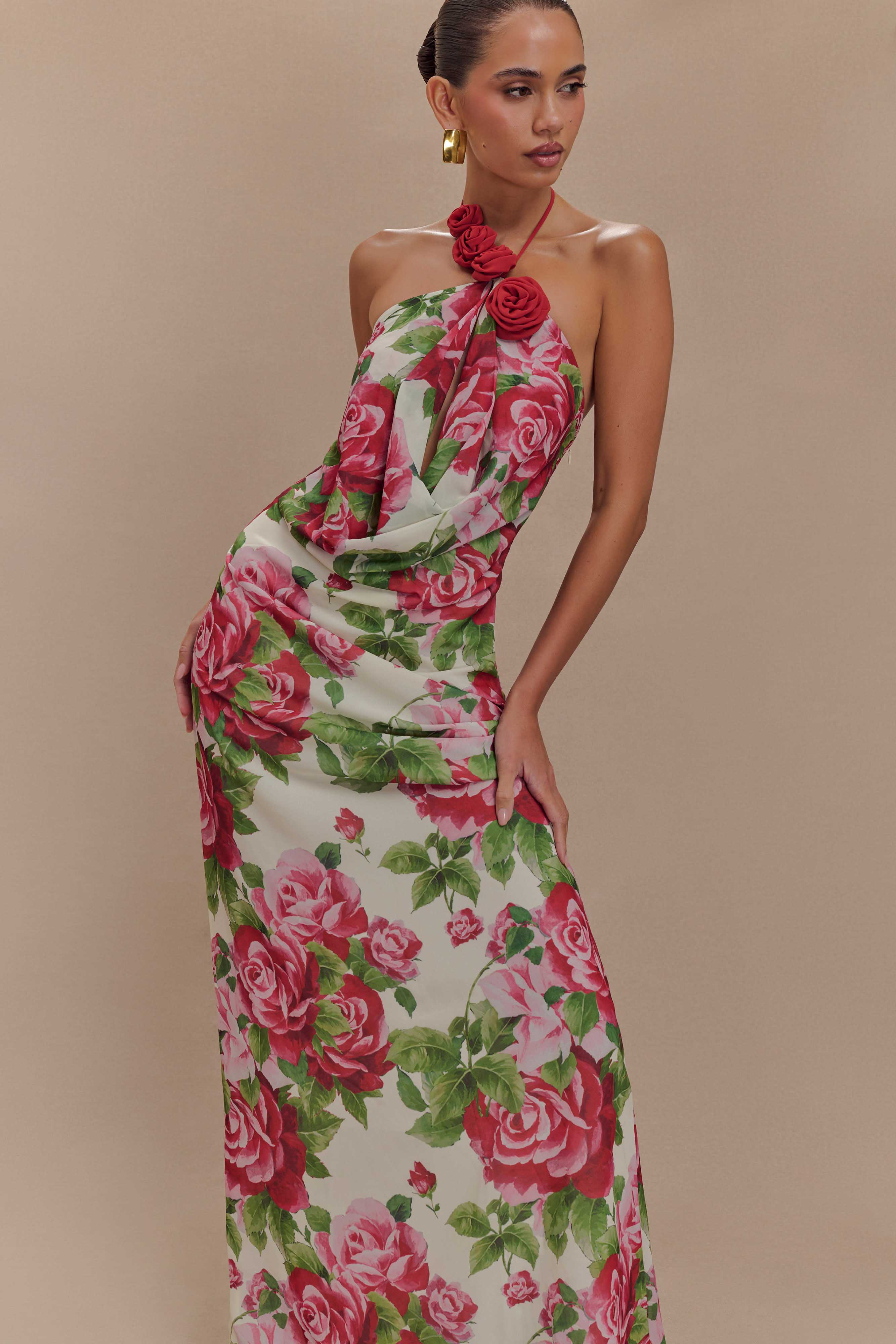 Cowl Neck Maxi Dress with Open Back & Rose Applique | Rosalia