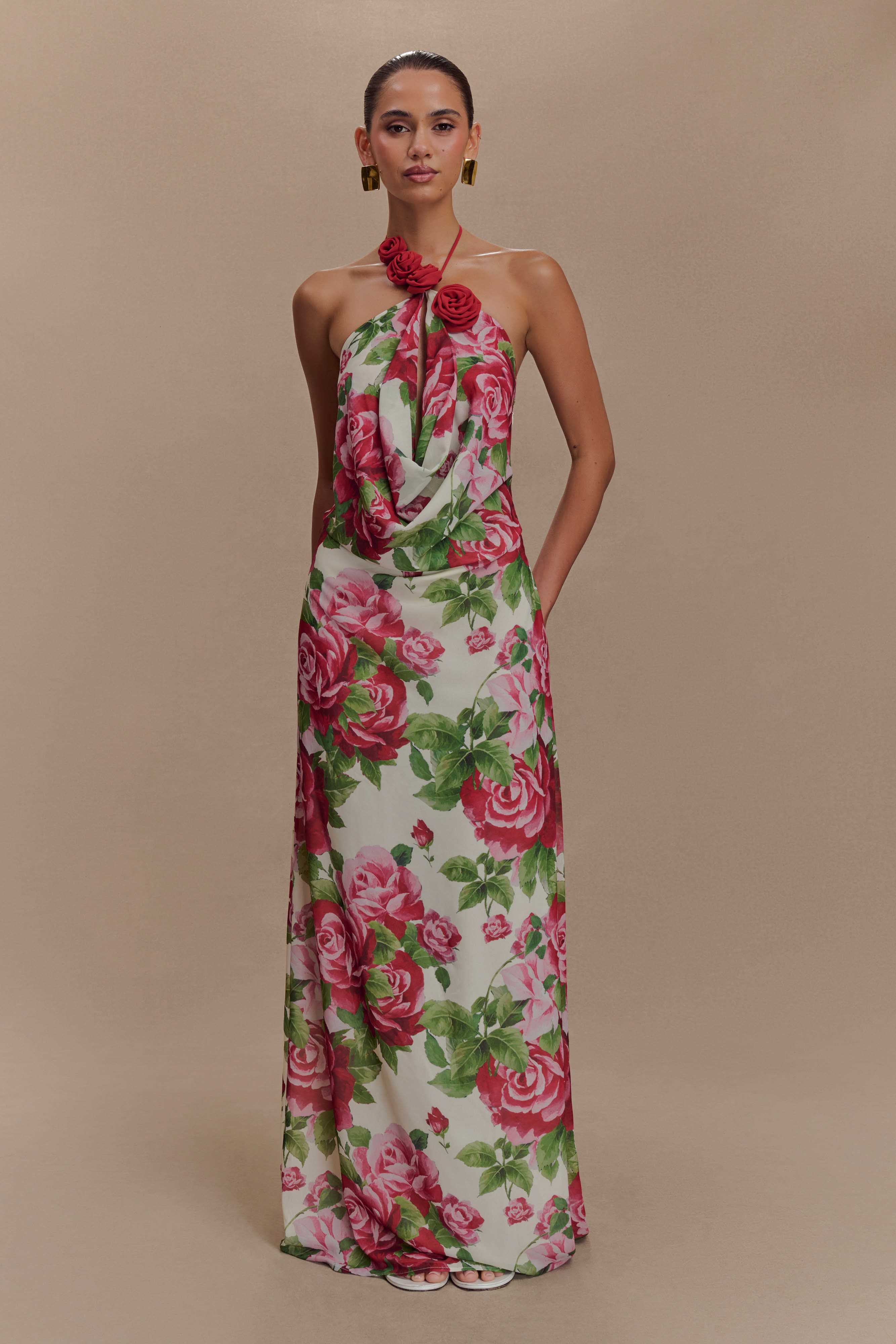 Cowl Neck Maxi Dress with Open Back & Rose Applique | Rosalia