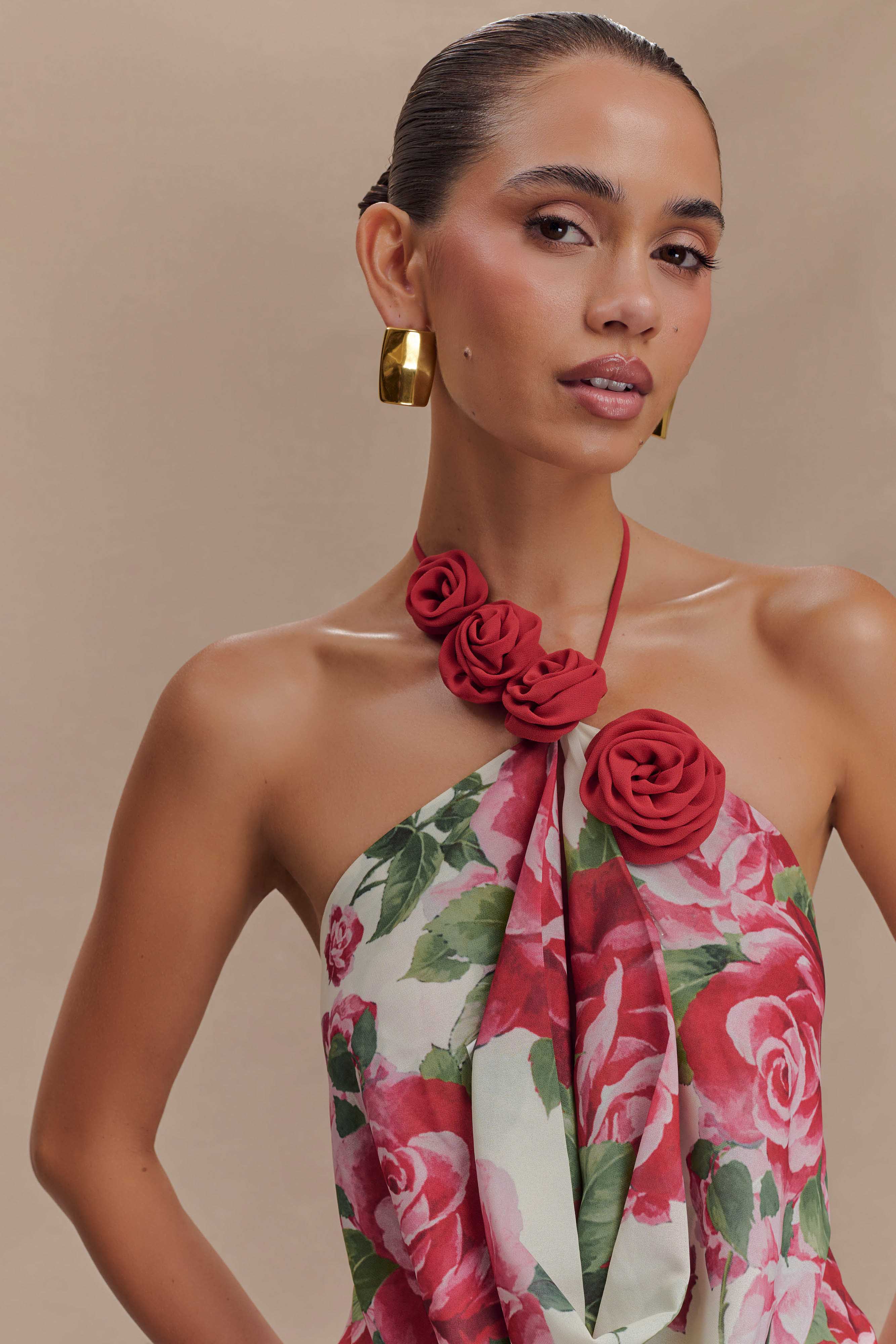 Cowl Neck Maxi Dress with Open Back & Rose Applique | Rosalia