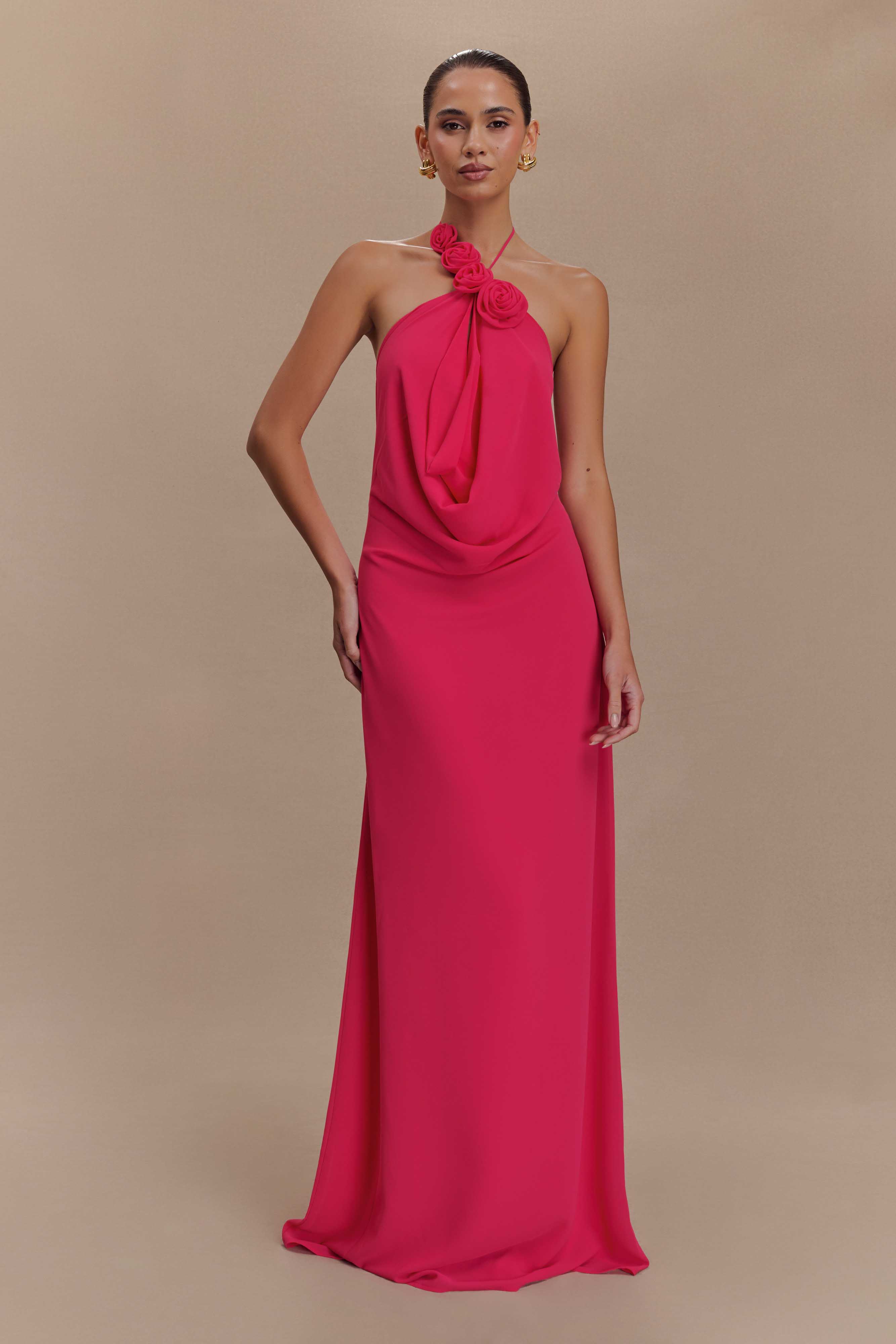 Cowl Neck Maxi Dress with Open Back & Chiffon Detail | Rosalia