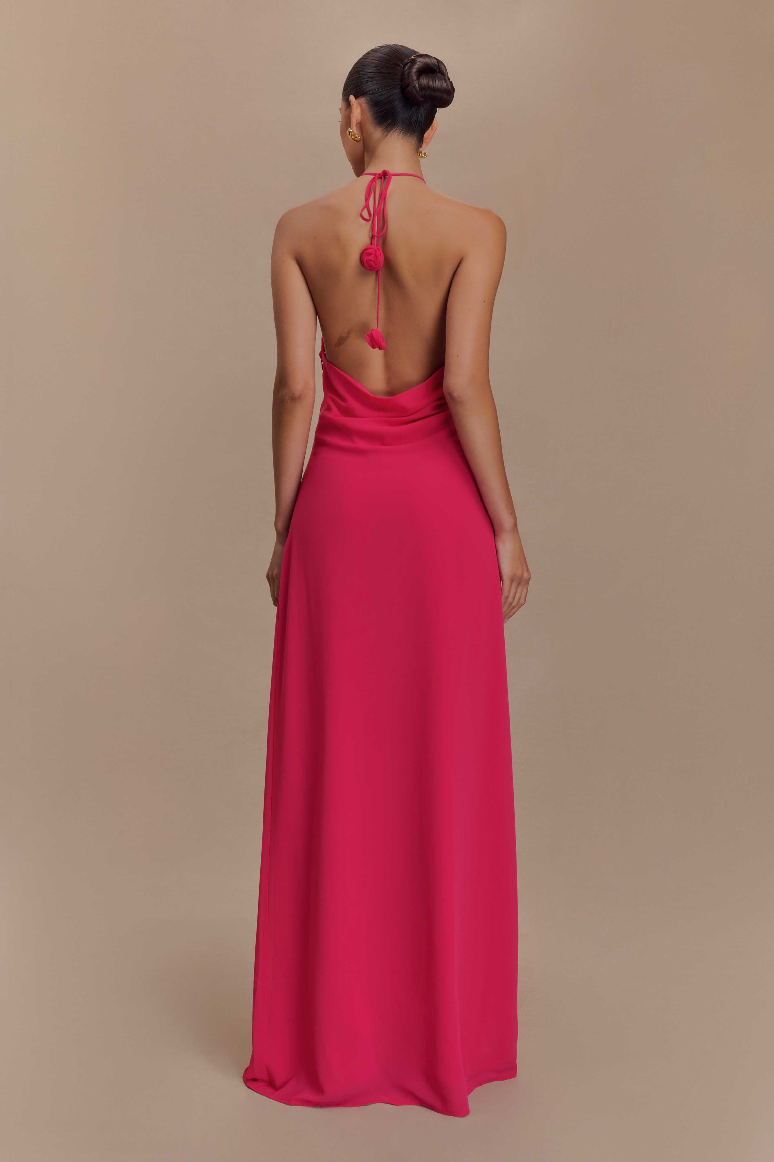 Cowl Neck Maxi Dress with Open Back & Chiffon Detail | Rosalia