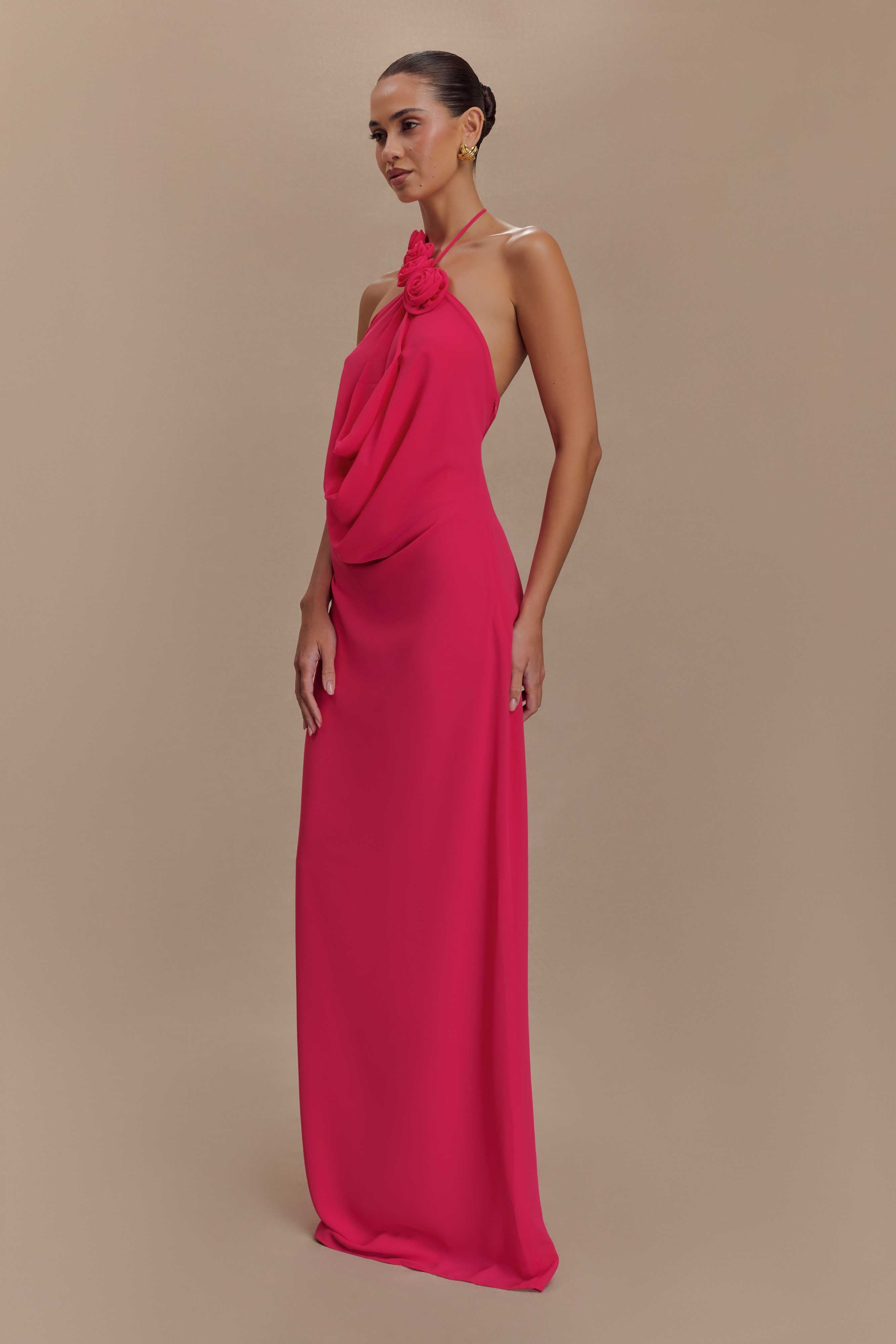 Cowl Neck Maxi Dress with Open Back & Chiffon Detail | Rosalia