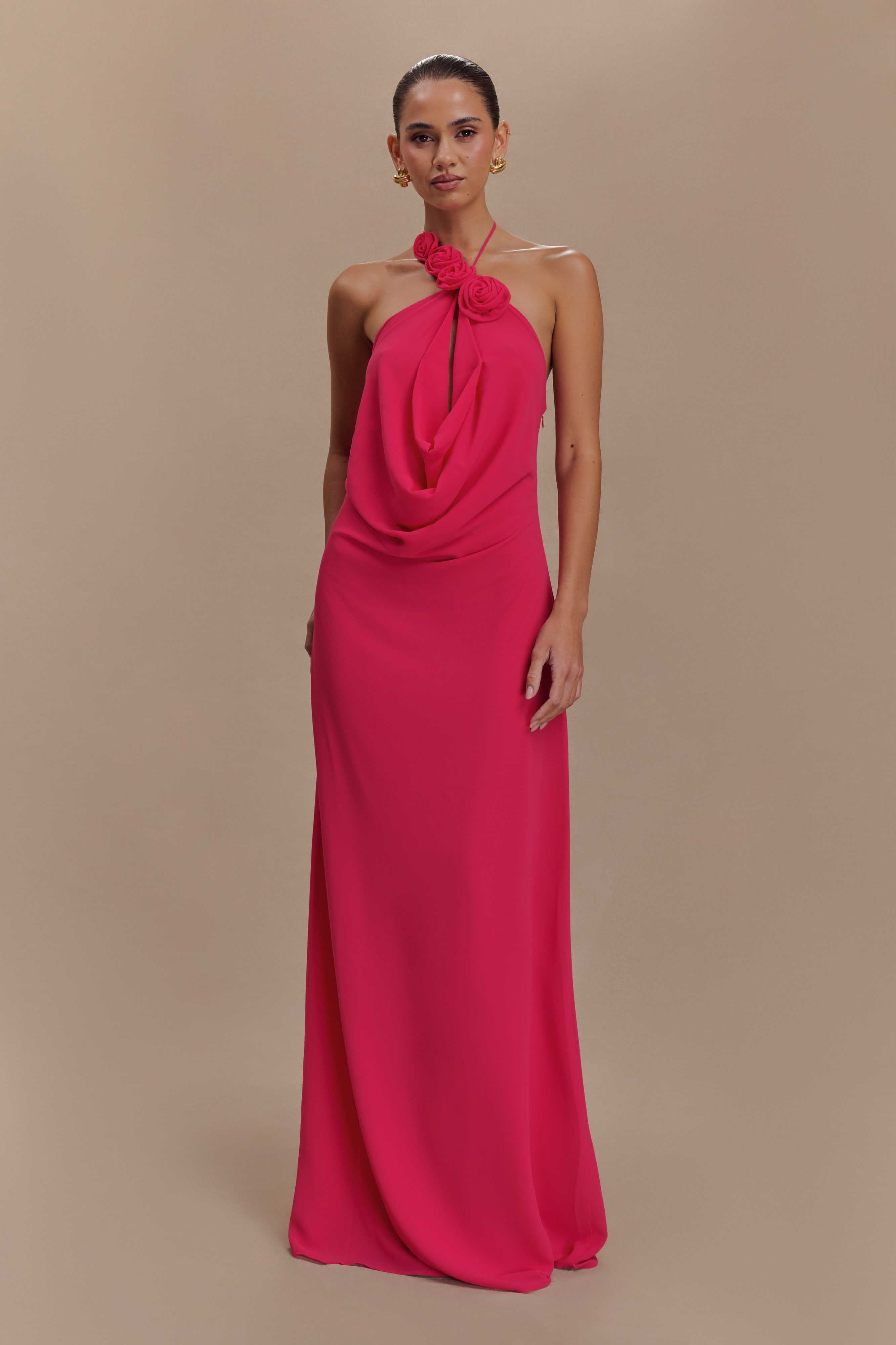 Cowl Neck Maxi Dress with Open Back & Chiffon Detail | Rosalia