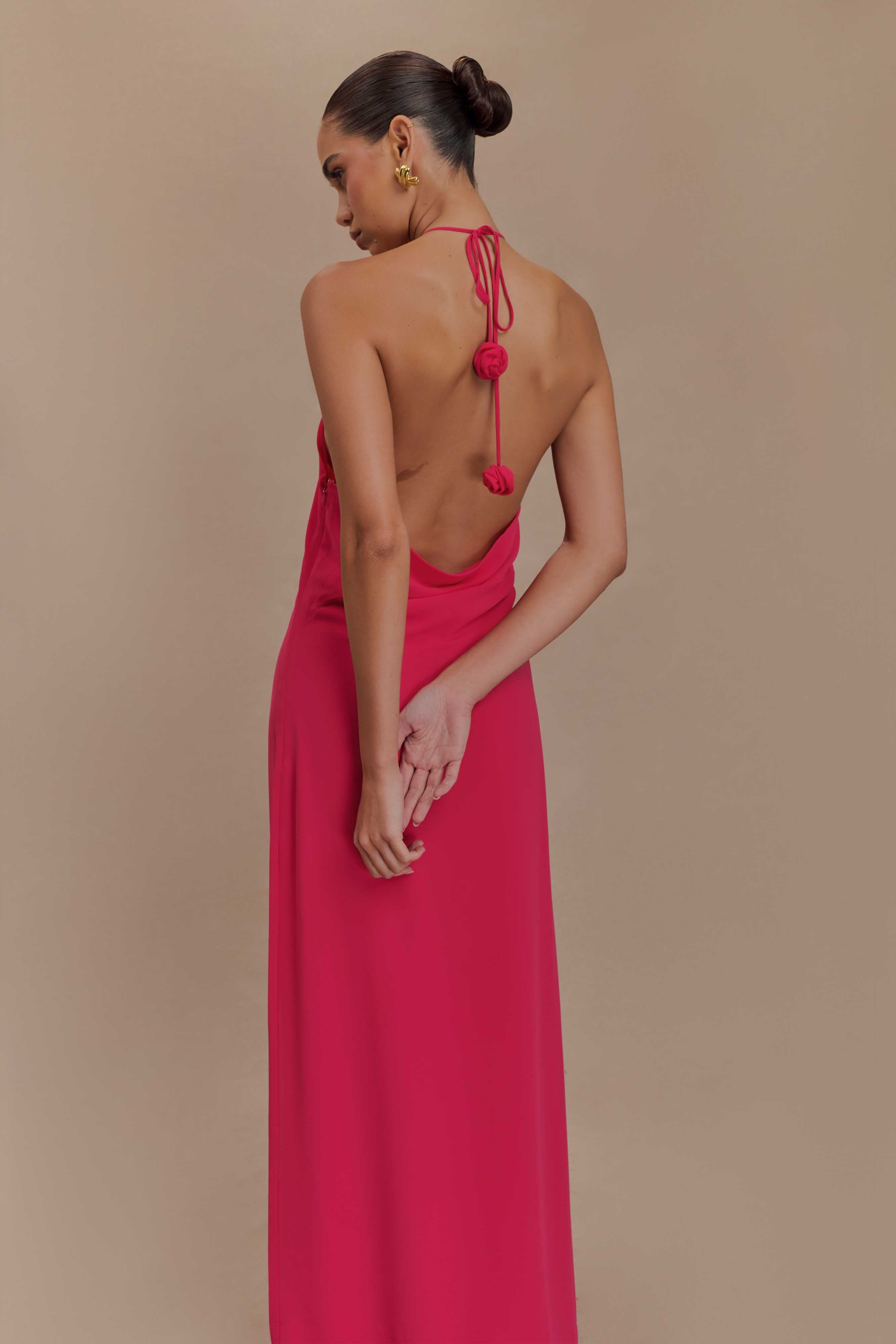 Cowl Neck Maxi Dress with Open Back & Chiffon Detail | Rosalia