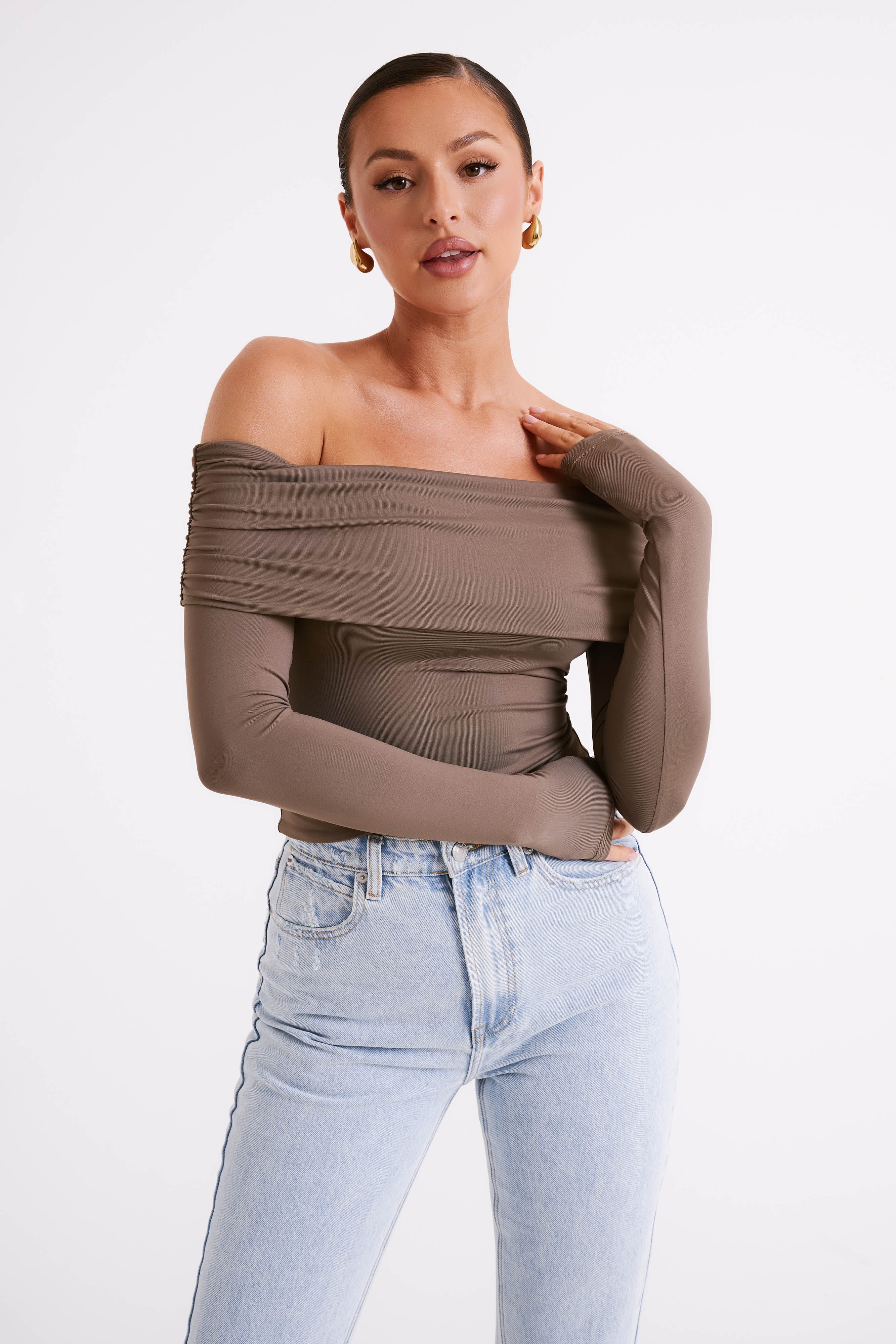 Recycled Nylon Off Shoulder Top with Ruched Neckline | Lucinda