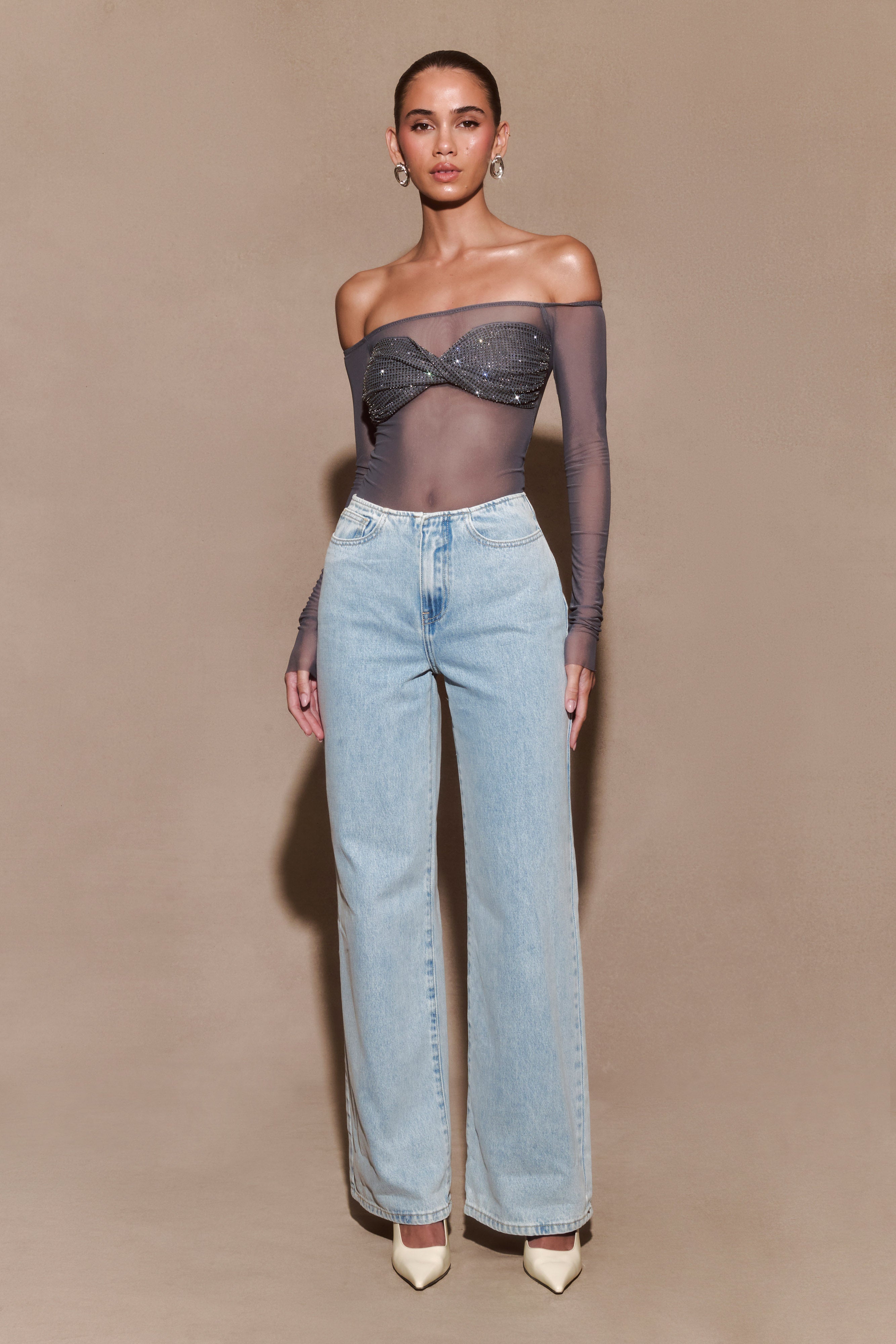 Off Shoulder Mesh Top with Diamante Bust | Garcelle Gunmetal