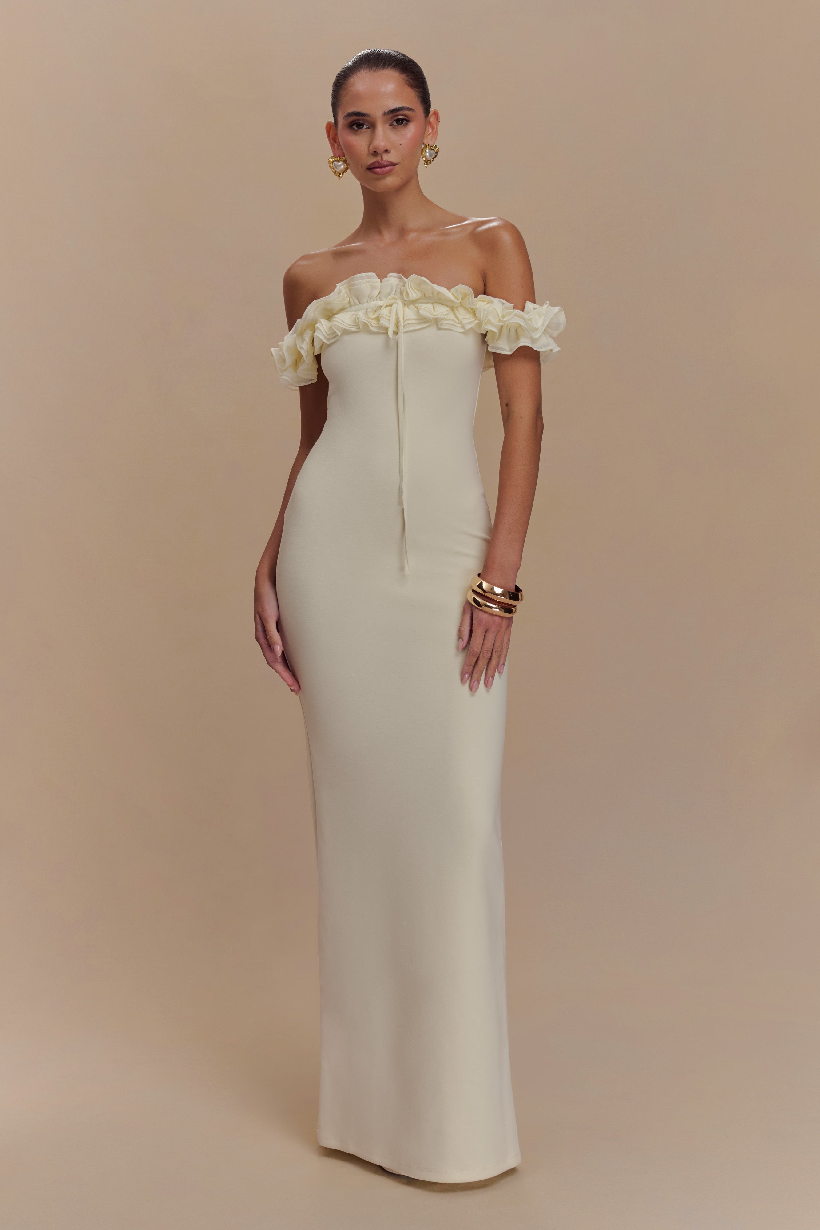 Off Shoulder Maxi Dress with Ruffle Detail & Bodycon Fit | Nova