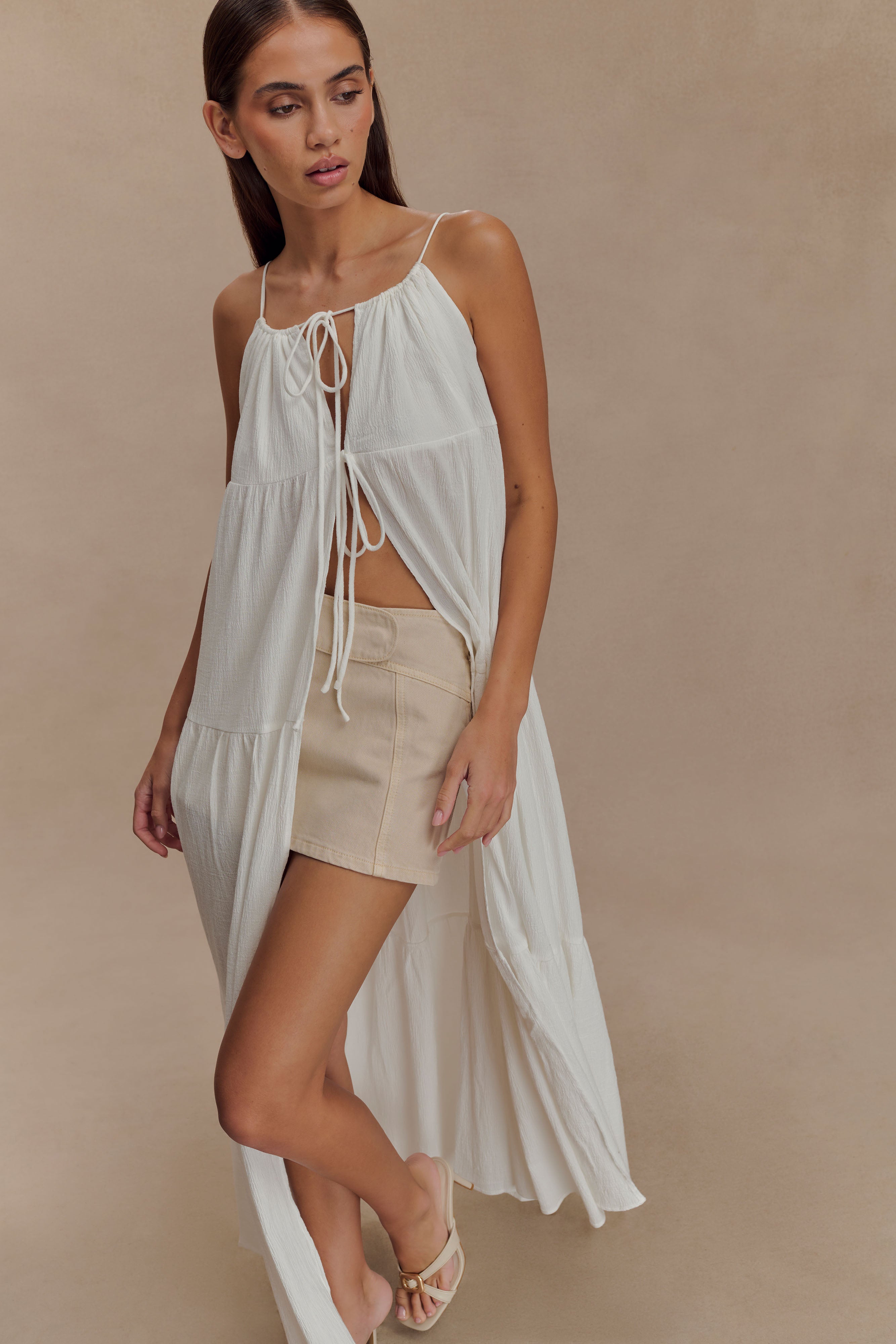 White Front Tie Top with Gathered Neckline | Lenny
