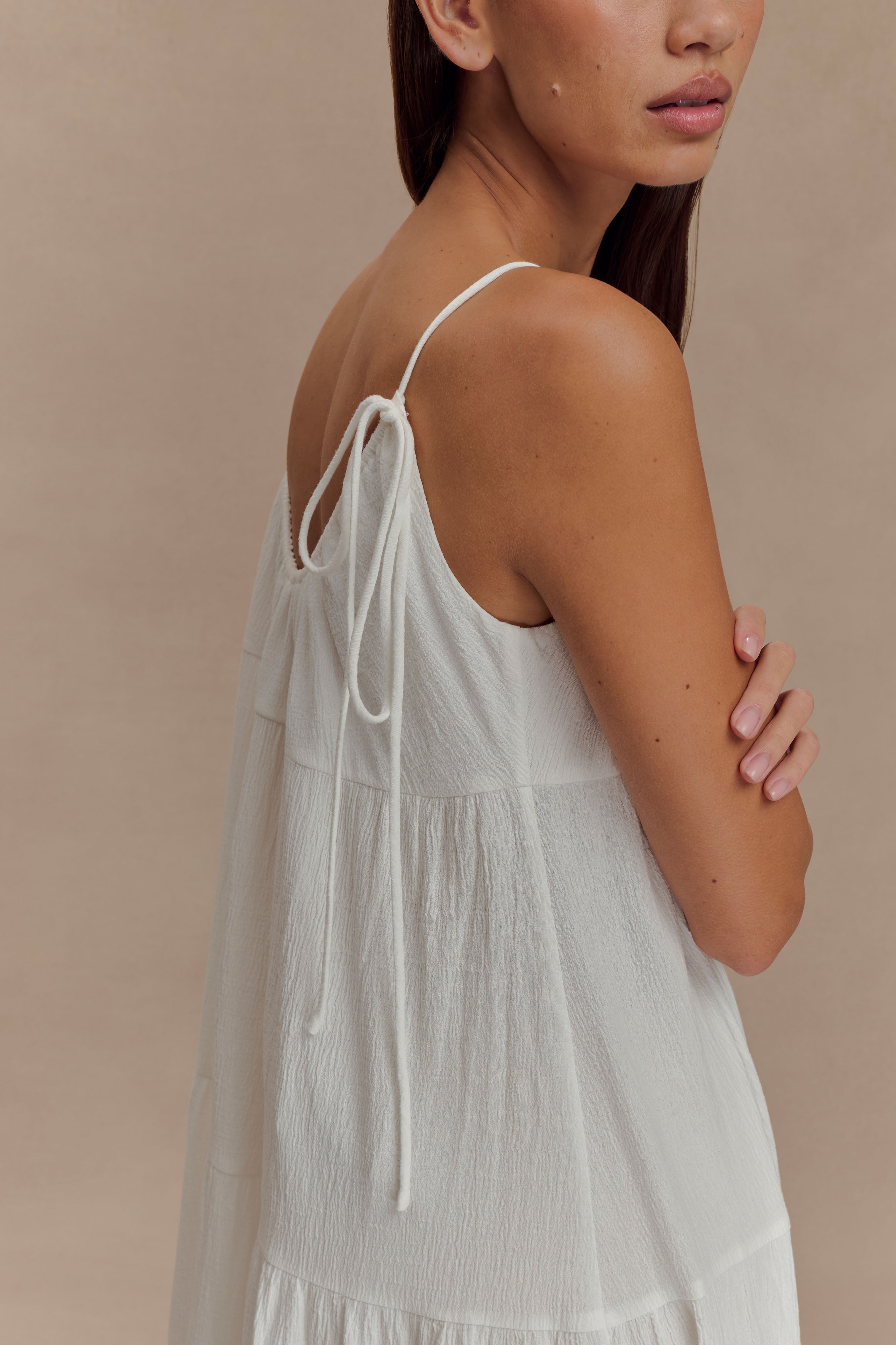 White Front Tie Top with Gathered Neckline | Lenny