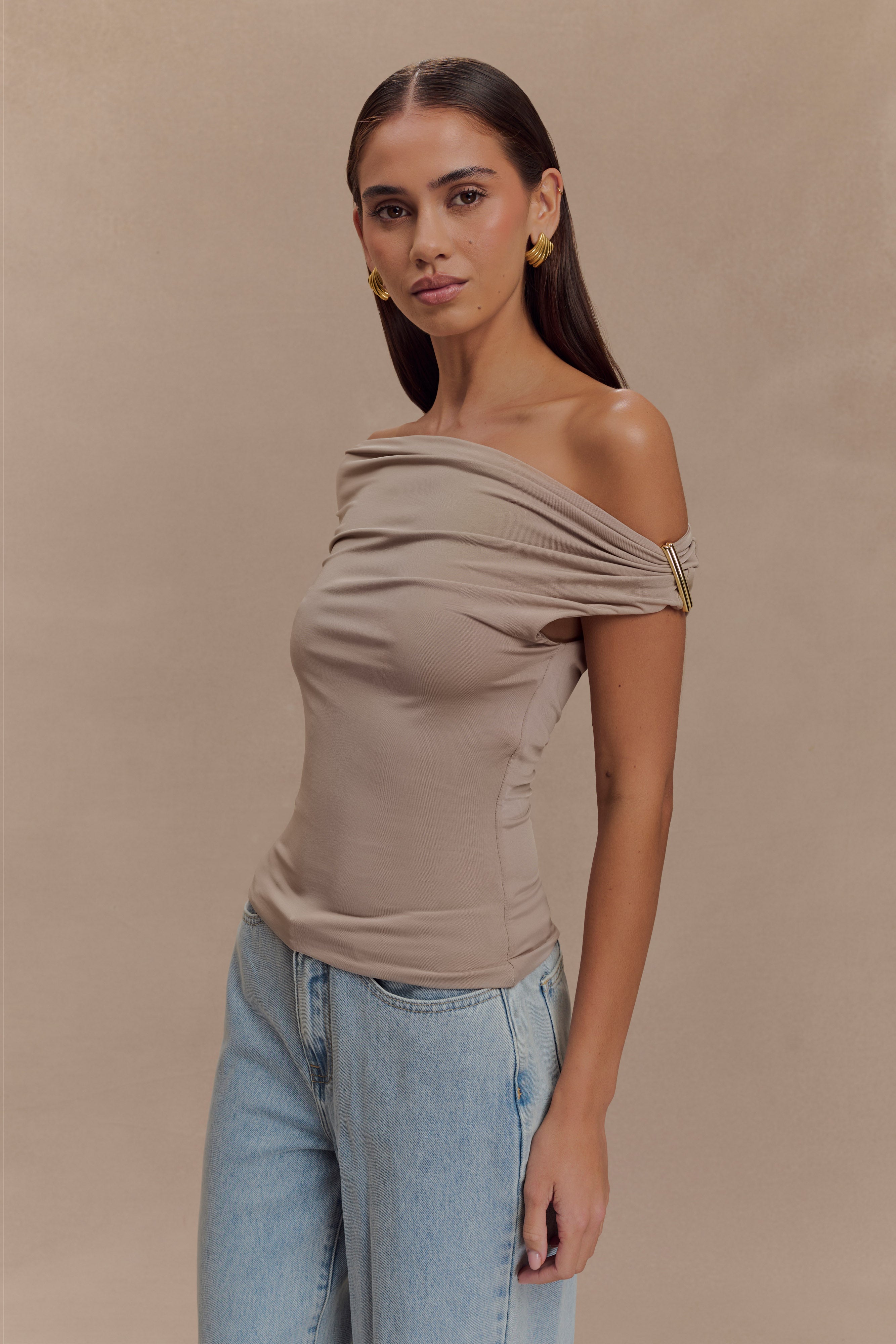 Taupe Slinky Top with Gold Hardware & Asymmetrical Neckline | Kinsley