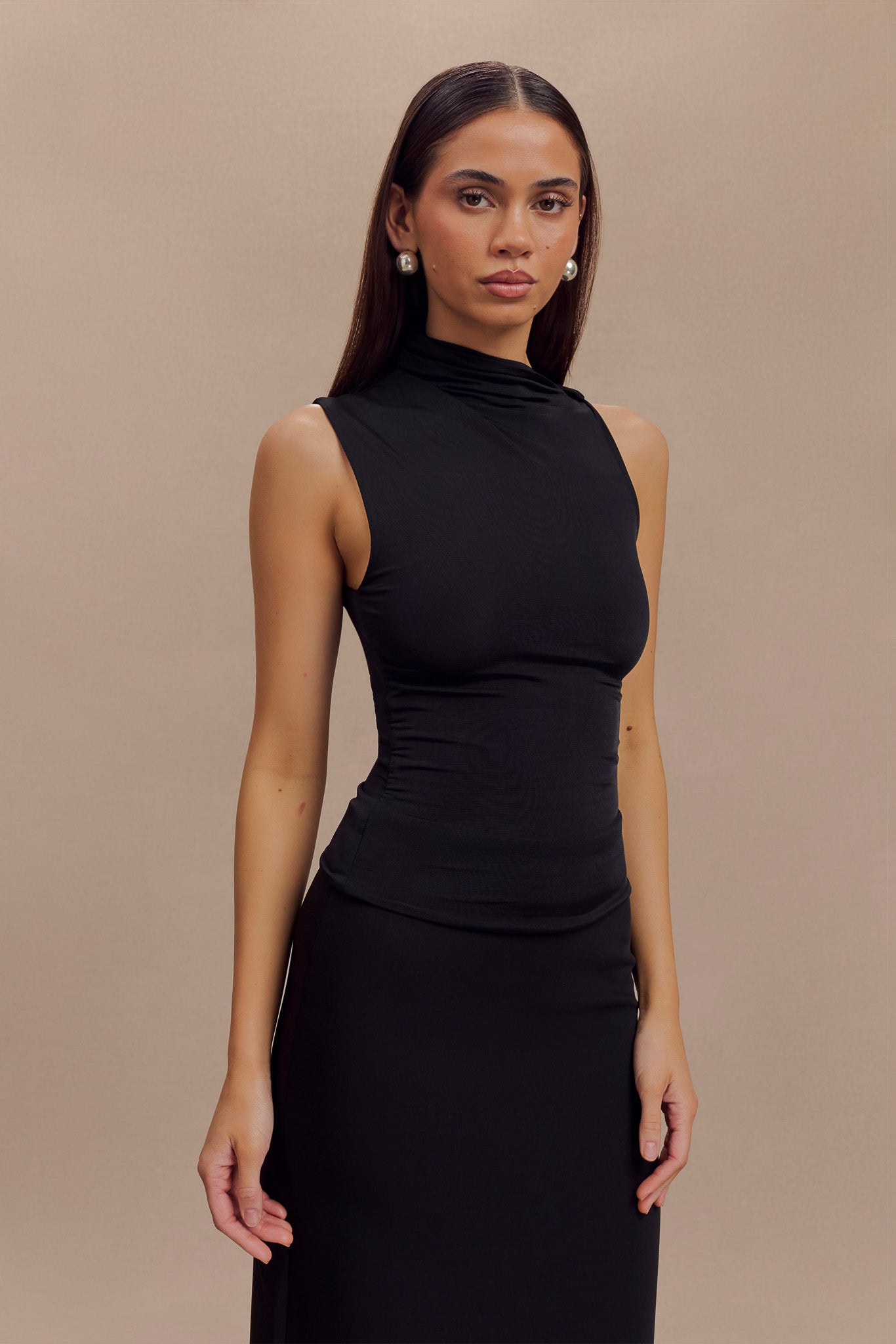 Sleeveless Slinky Top with Asymmetrical Neckline | Hadleigh Black