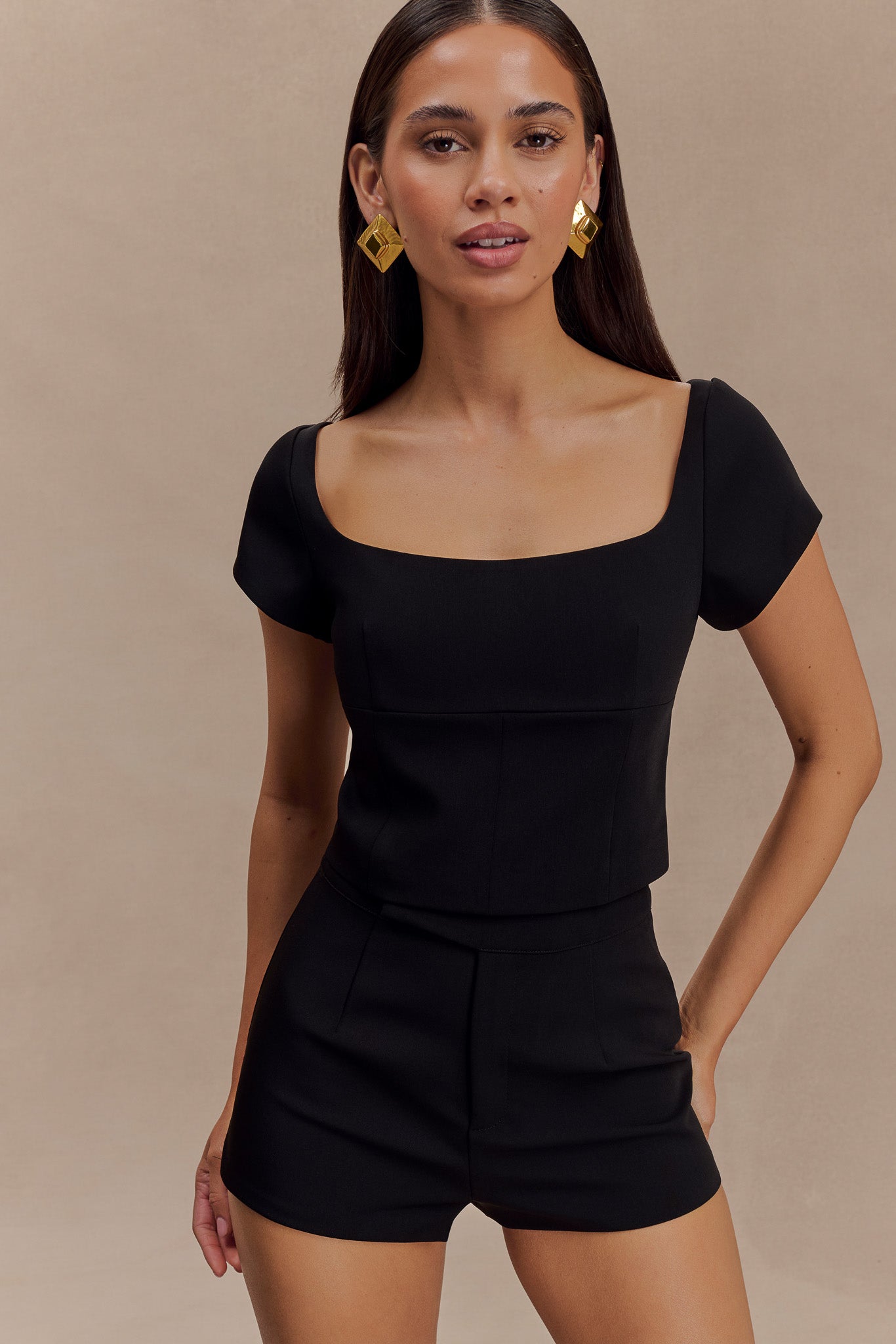Cap Sleeve Longline Suiting Top for Women - Ellis Black