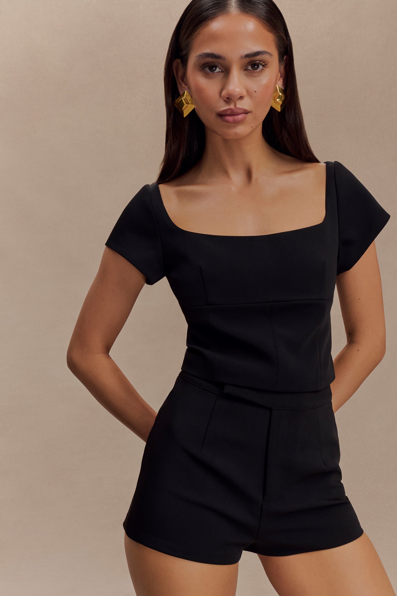 Cap Sleeve Longline Suiting Top for Women - Ellis Black
